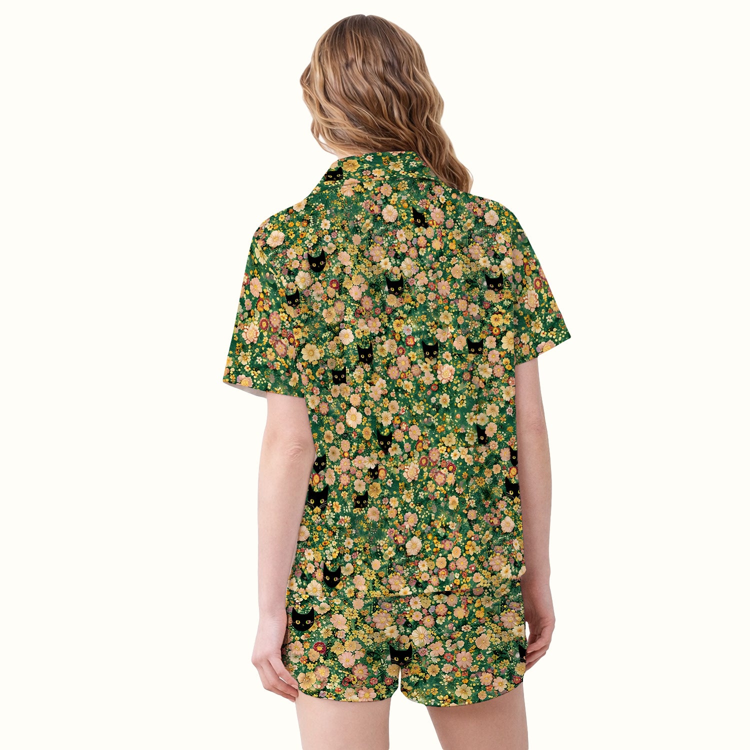 Cute Black Cat In Floral Garden Pattern Pajama Set, Soft Breathable Fabric Comfortable Sleepwear