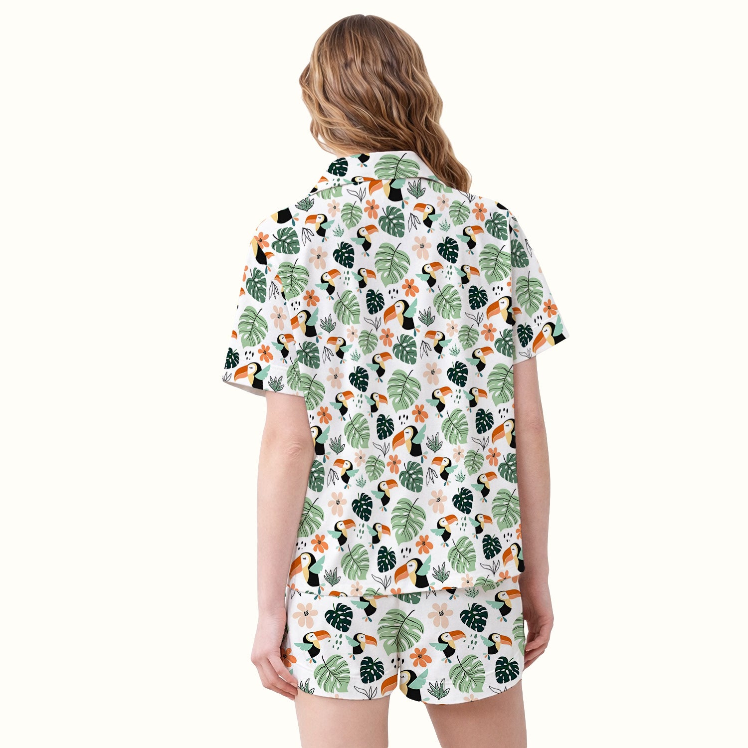 Tropical Toucan Leaf Floral Pattern Pajama Set, Soft Breathable Fabric Comfortable Sleepwear