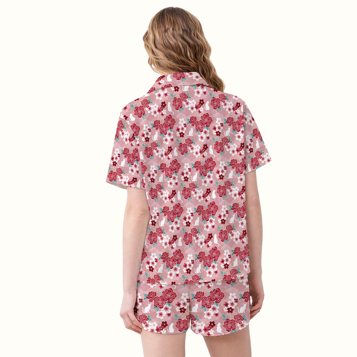 Floral White Cat Nurse Pajama Set, Soft Breathable Fabric Comfortable Sleepwear