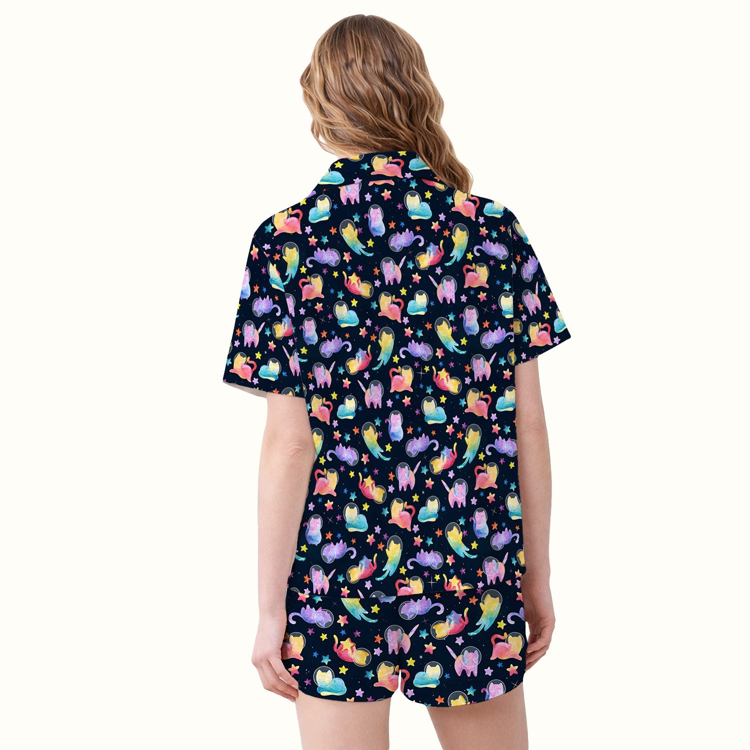 Cute Space Cat Veterinary Pattern Pajama Set, Soft Breathable Fabric Comfortable Sleepwear