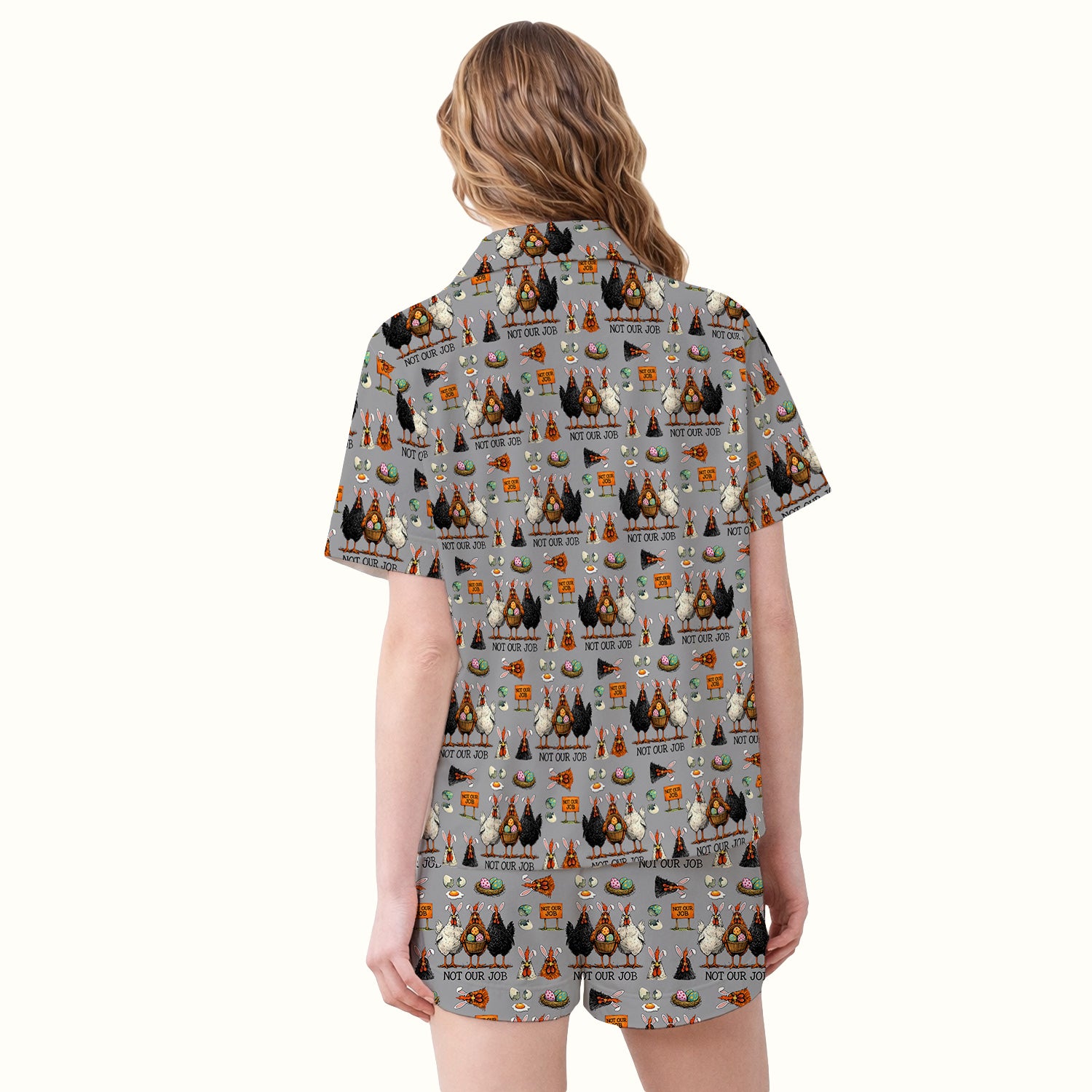 Funny Easter Chicken Humor Pattern Pajama Set, Breathable Fabrics Uniform