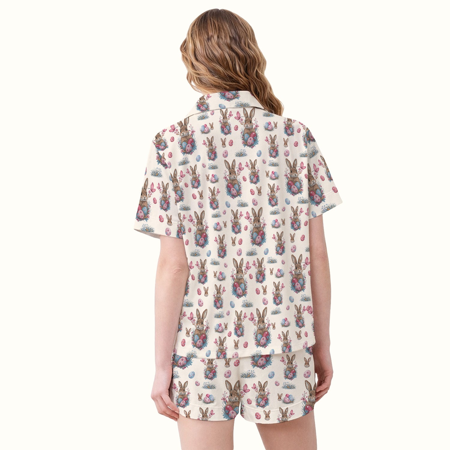Pastel Easter Bunny Nest Pattern Pajama Set, Breathable Fabrics Uniform