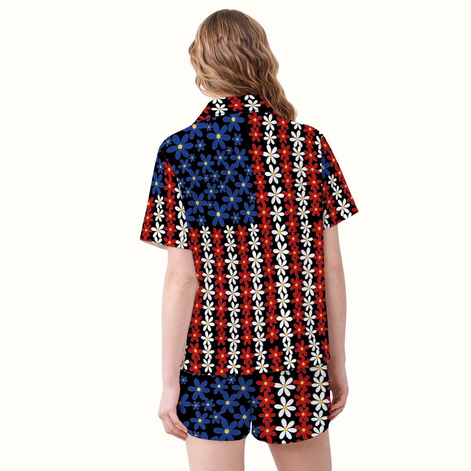 Retro Red Blue Daisy Stripe Pattern Pajama Set, Soft Breathable Fabric Comfortable Sleepwear