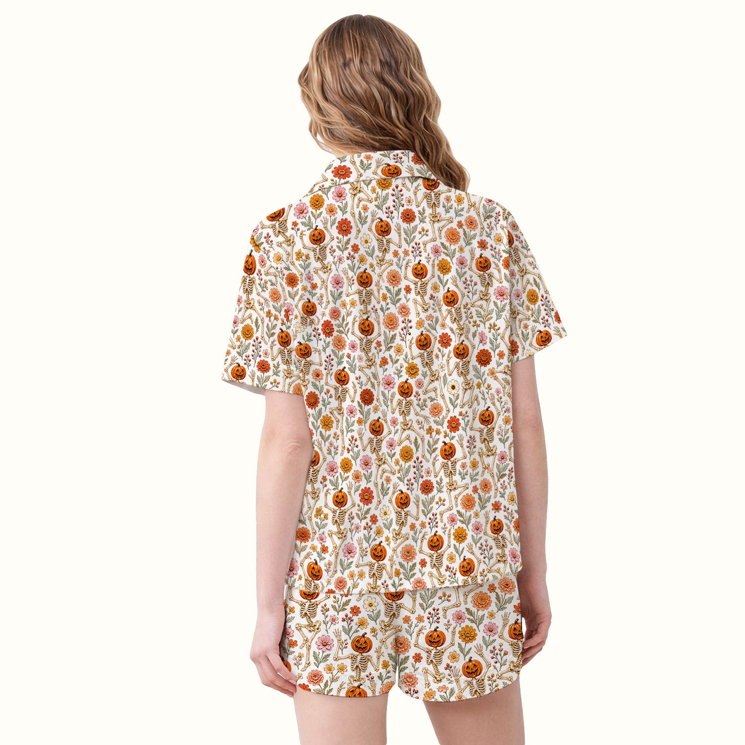 Halloween Pumpkin Skeleton Floral Pajama Set, Soft Breathable Fabric Comfortable Sleepwear