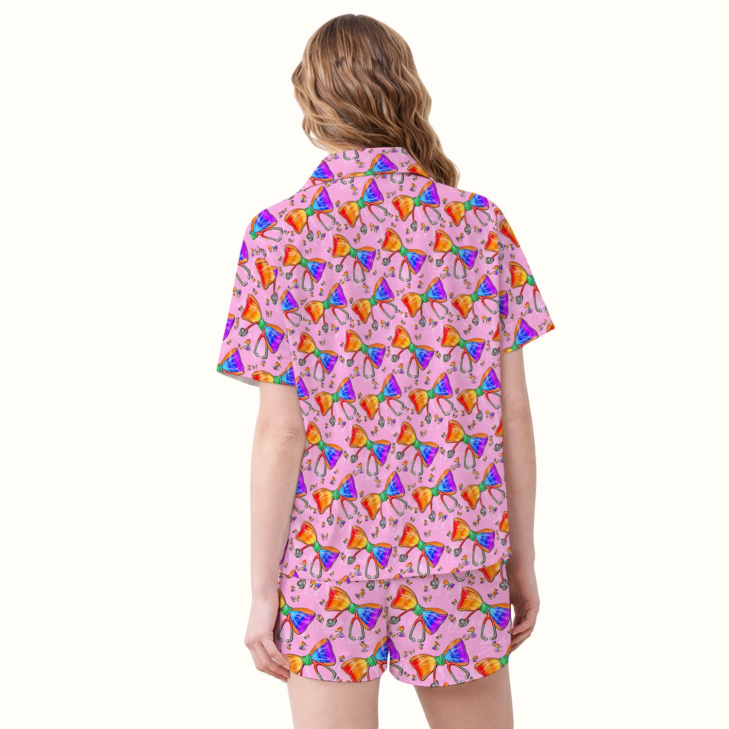 Colorful Rainbow Bow Stethoscope Pattern Pajama Set, Breathable Fabrics Uniform