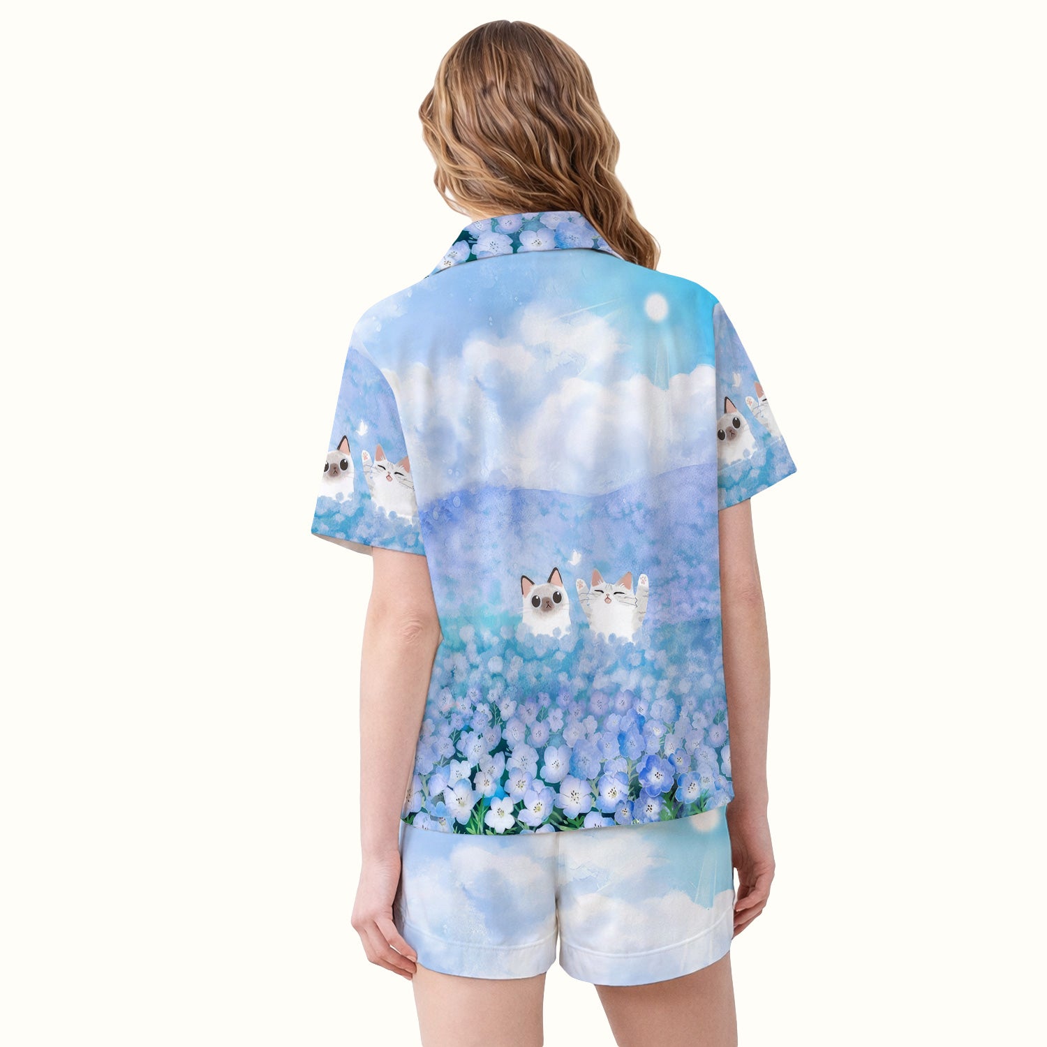 Dreamy Cat Cloud Hydrangea Sky Pattern Pajama Set, Soft Breathable Fabric Comfortable Sleepwear