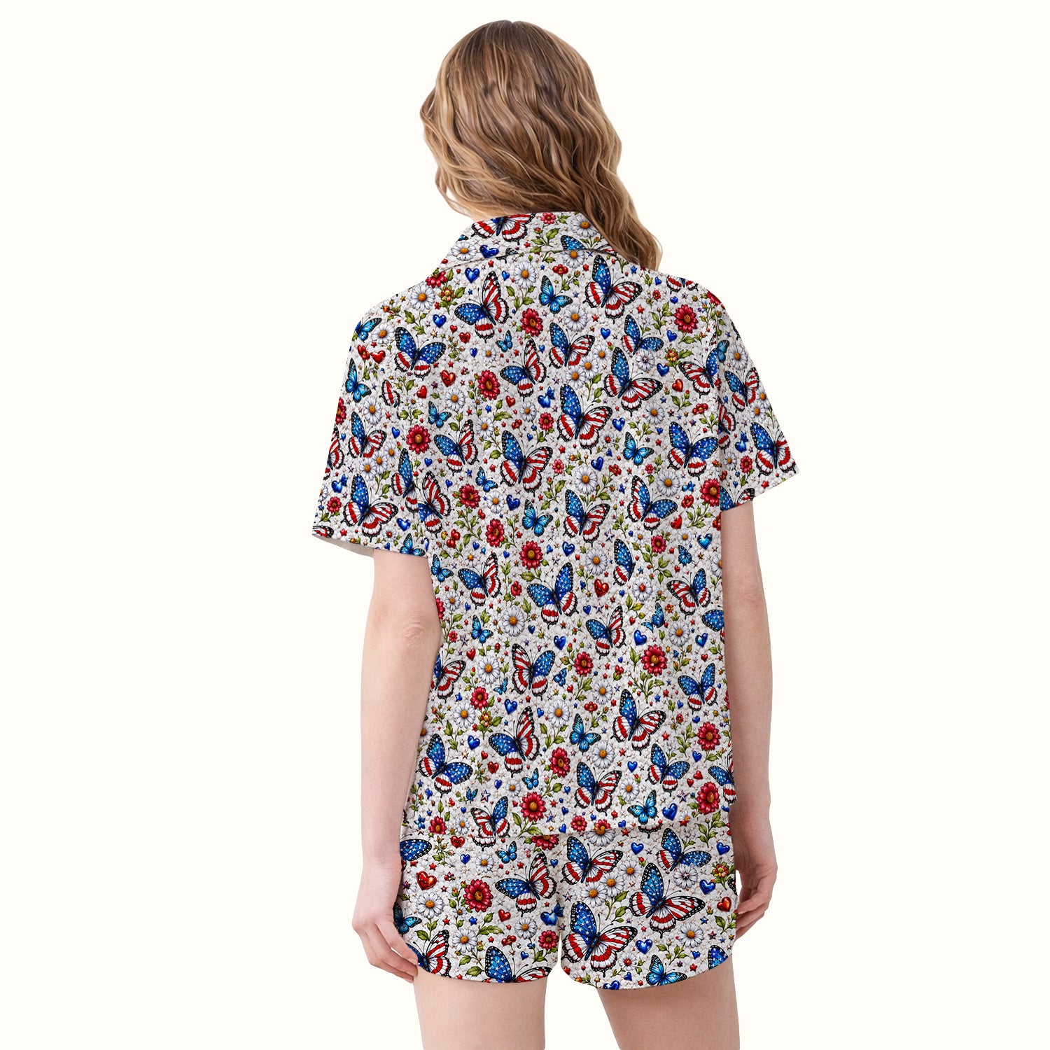 Patriotic Butterfly Daisy Heart Pattern Pajama Set, Soft Breathable Fabric Comfortable Sleepwear