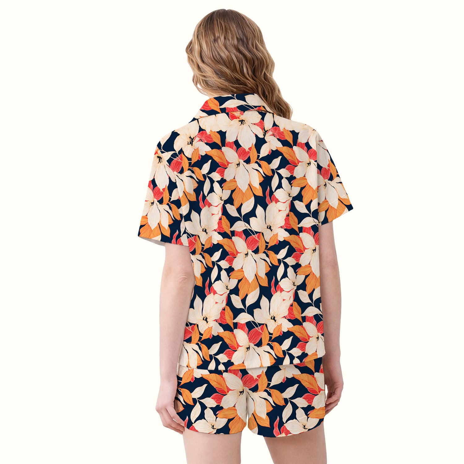 Elegant Ivory Lily Leaves Pattern Pajama Set, Soft Breathable Fabric Comfortable Sleepwear