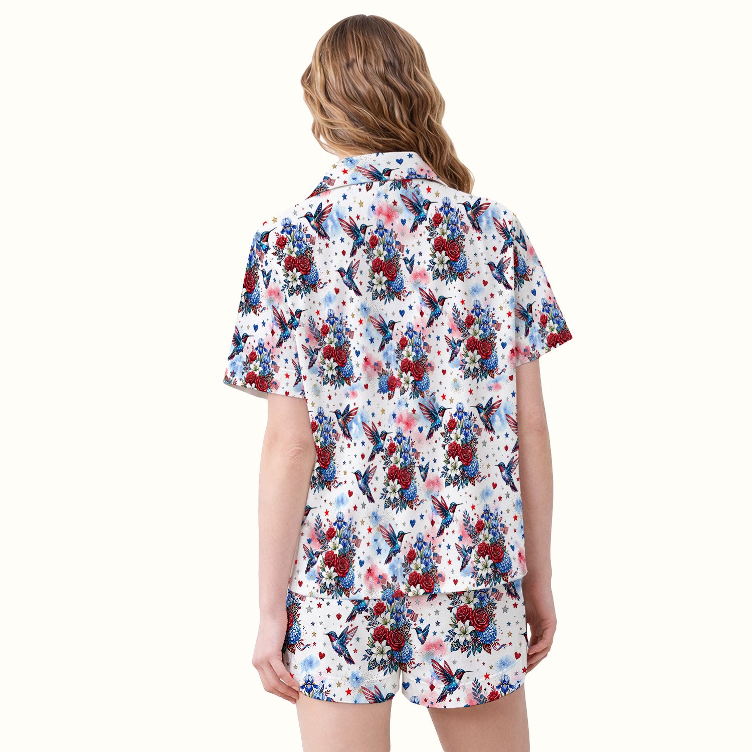 Patriotic Hummingbird Floral Bouquet Pattern Pajama Set, Soft Breathable Fabric Comfortable Sleepwear