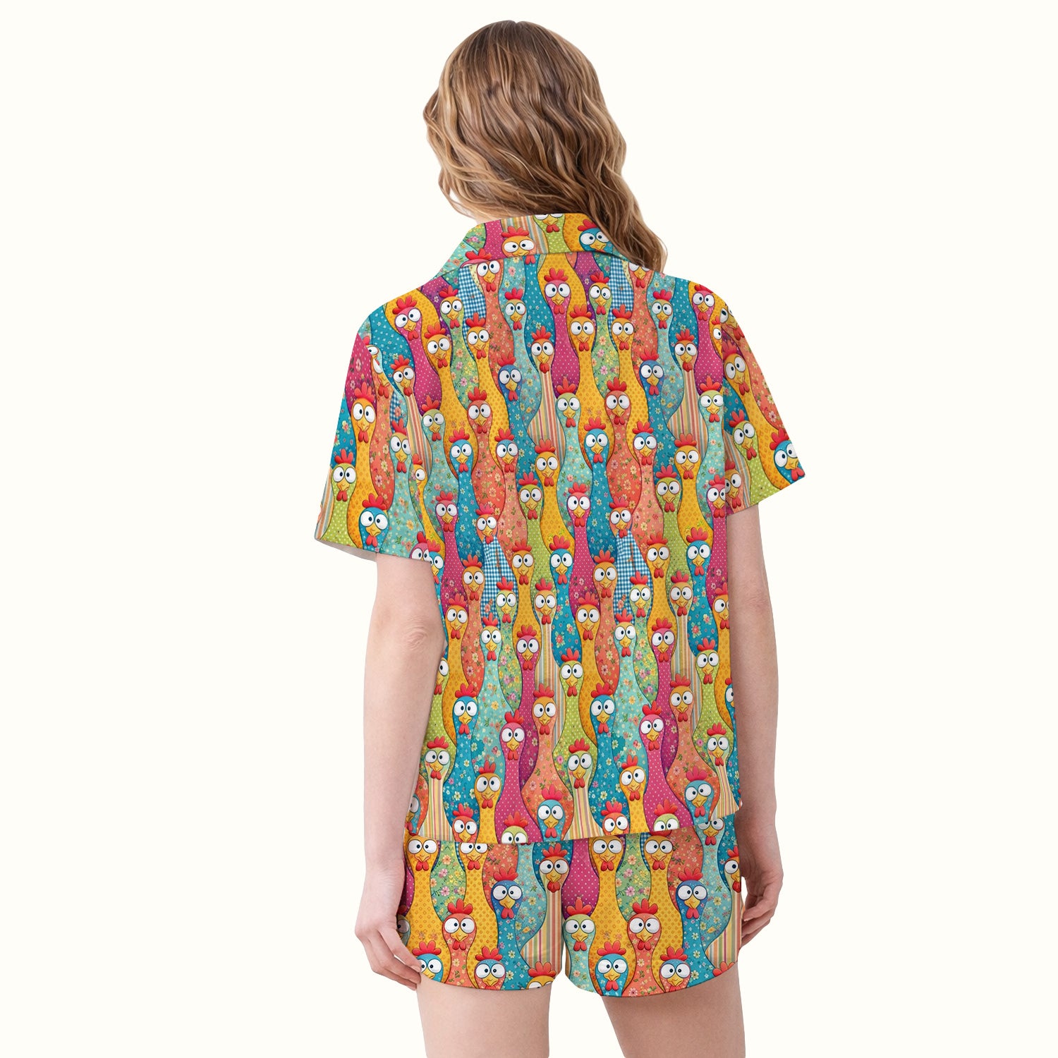 Funny Farm Chicken Cartoon Pattern Pajama Set, Soft Breathable Fabric Comfortable Sleepwear