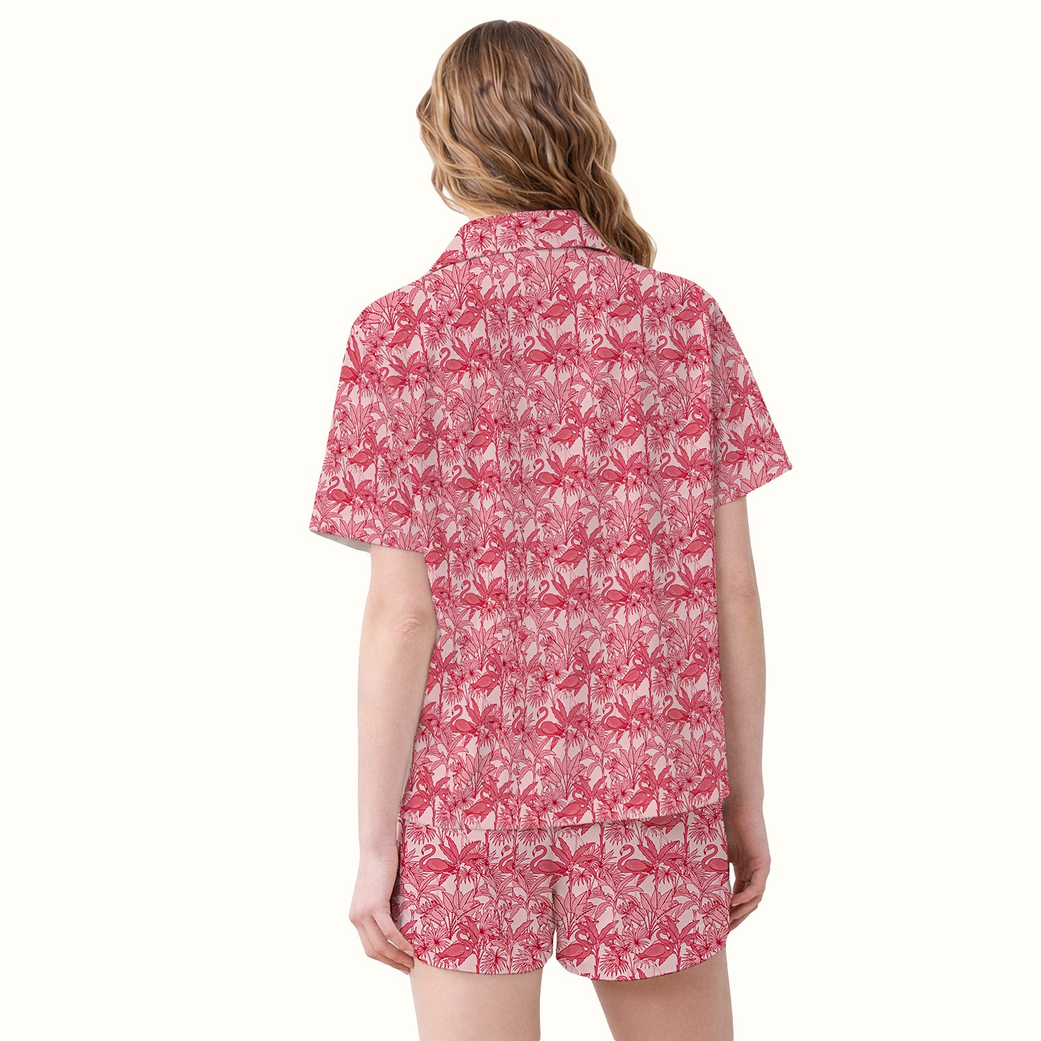 Tropical Flamingo Palm Leaves Pattern Pajama Set, Breathable Fabrics Uniform