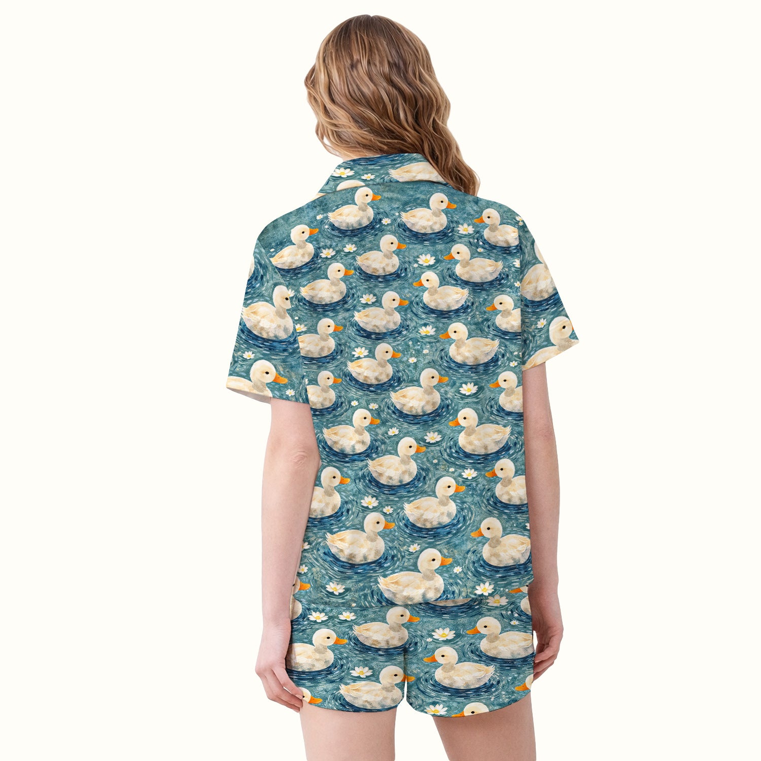Charming Duck Pond Pattern Pajama Set, Soft Breathable Fabric Comfortable Sleepwear
