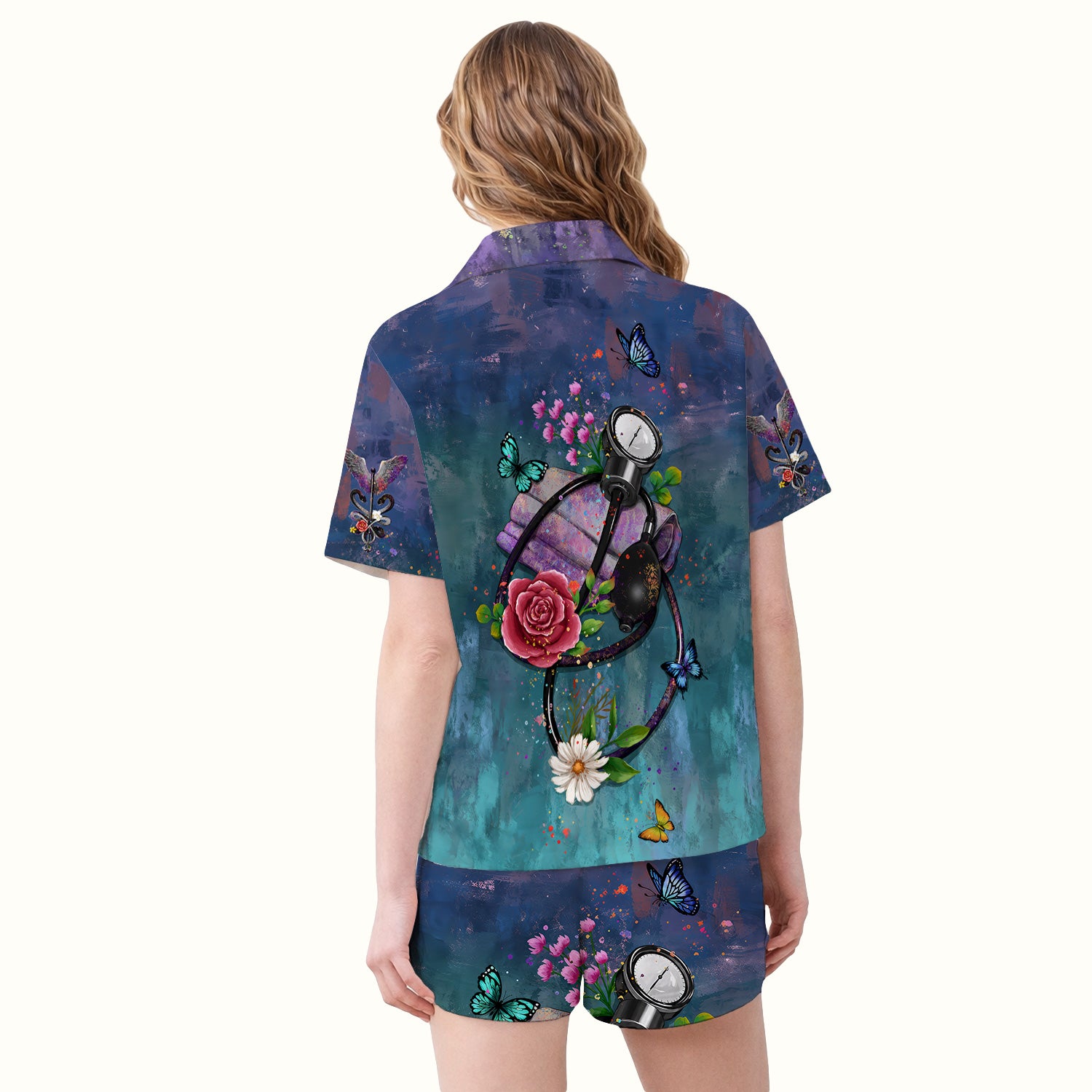Floral Stethoscope Nurse Pattern Pajama Set, Soft Breathable Fabric Comfortable Sleepwear