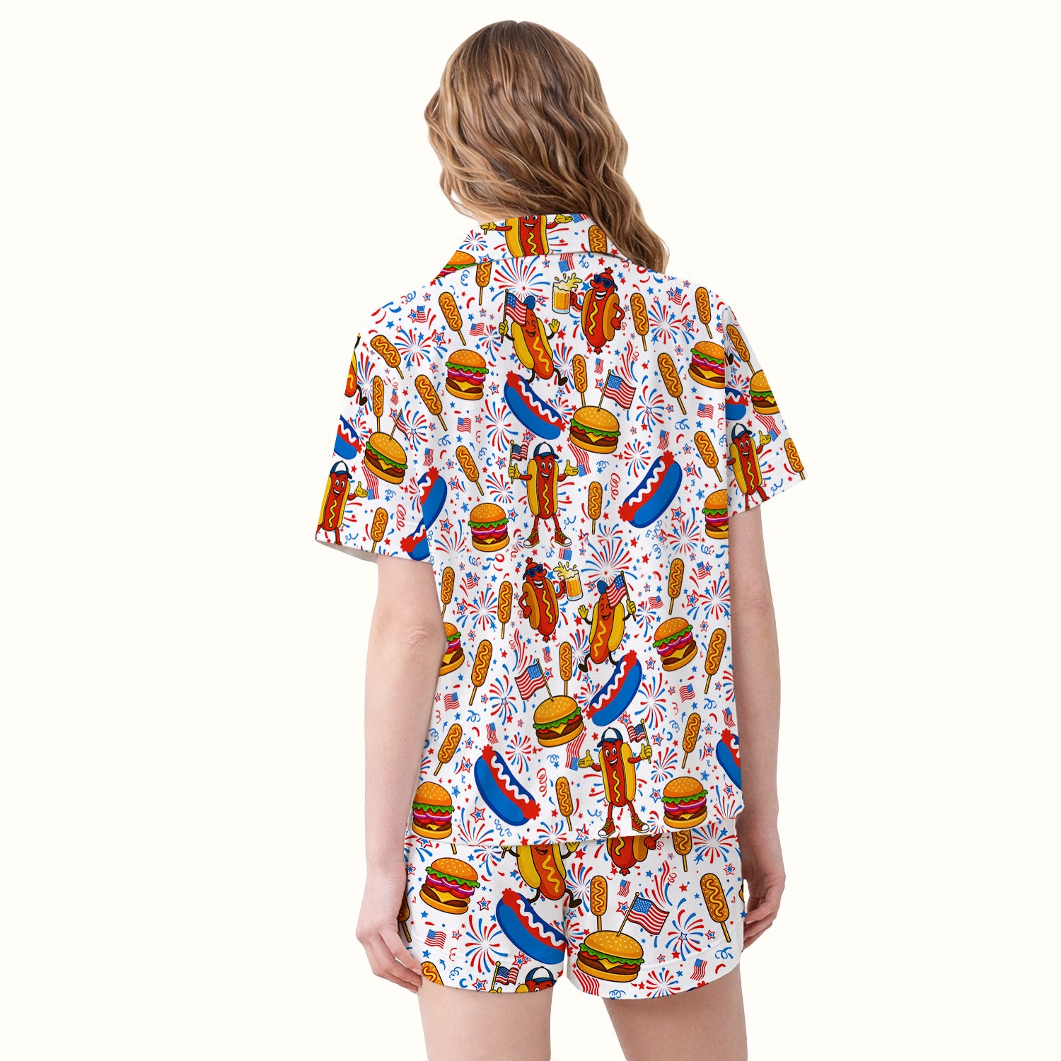 Patriotic Hot Dog Burger Fireworks Pajama Set, Soft Breathable Fabric Comfortable Sleepwear