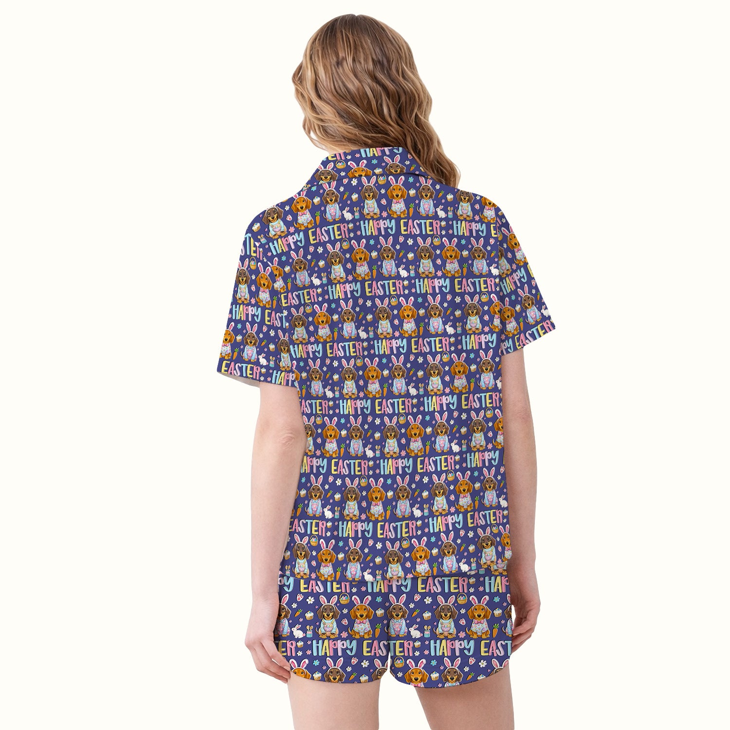 Happy Easter Dachshund Bunny Print Pajama Set, Breathable Fabrics Uniform