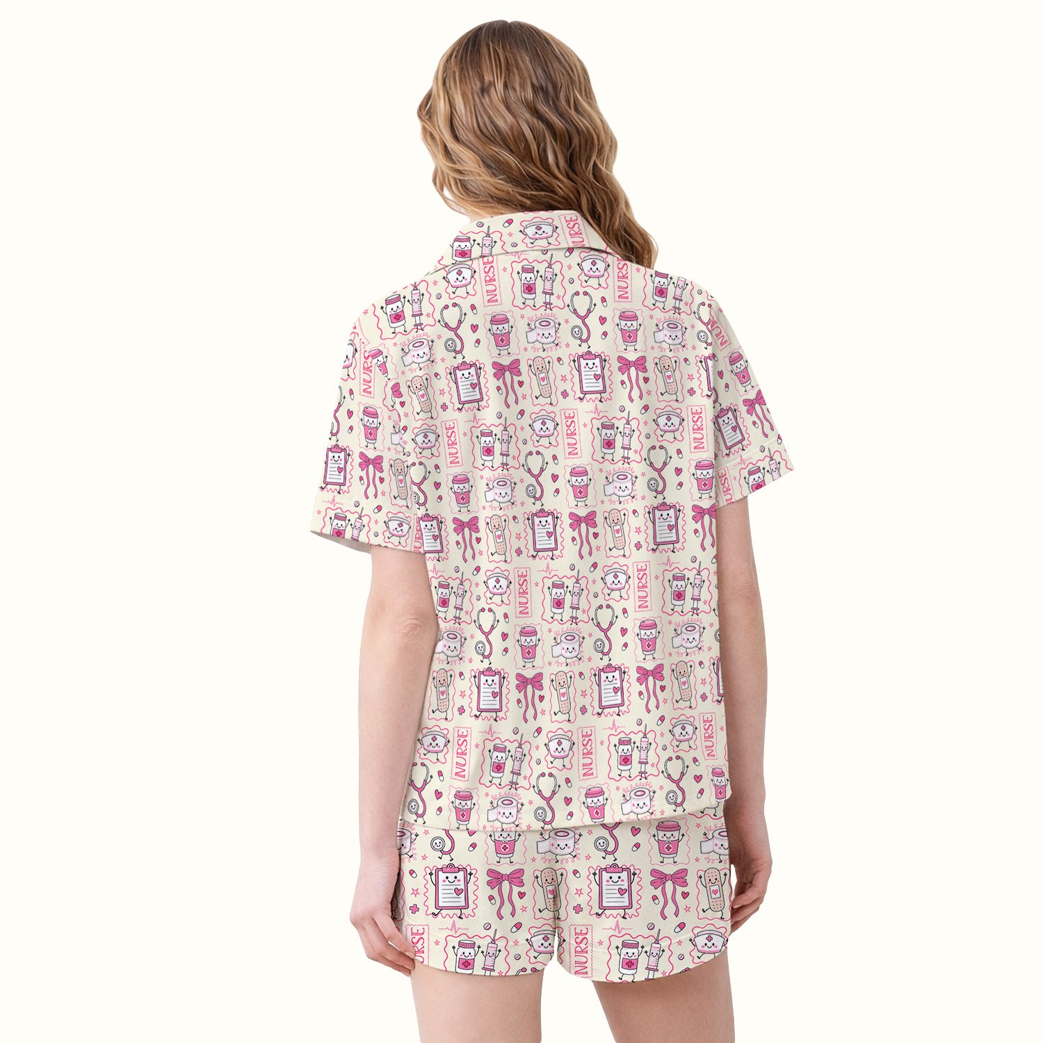 Cute Nurse Doodle with Bandage & Coffee Icons Pajama Set, Soft Breathable Fabric Comfortable Sleepwear