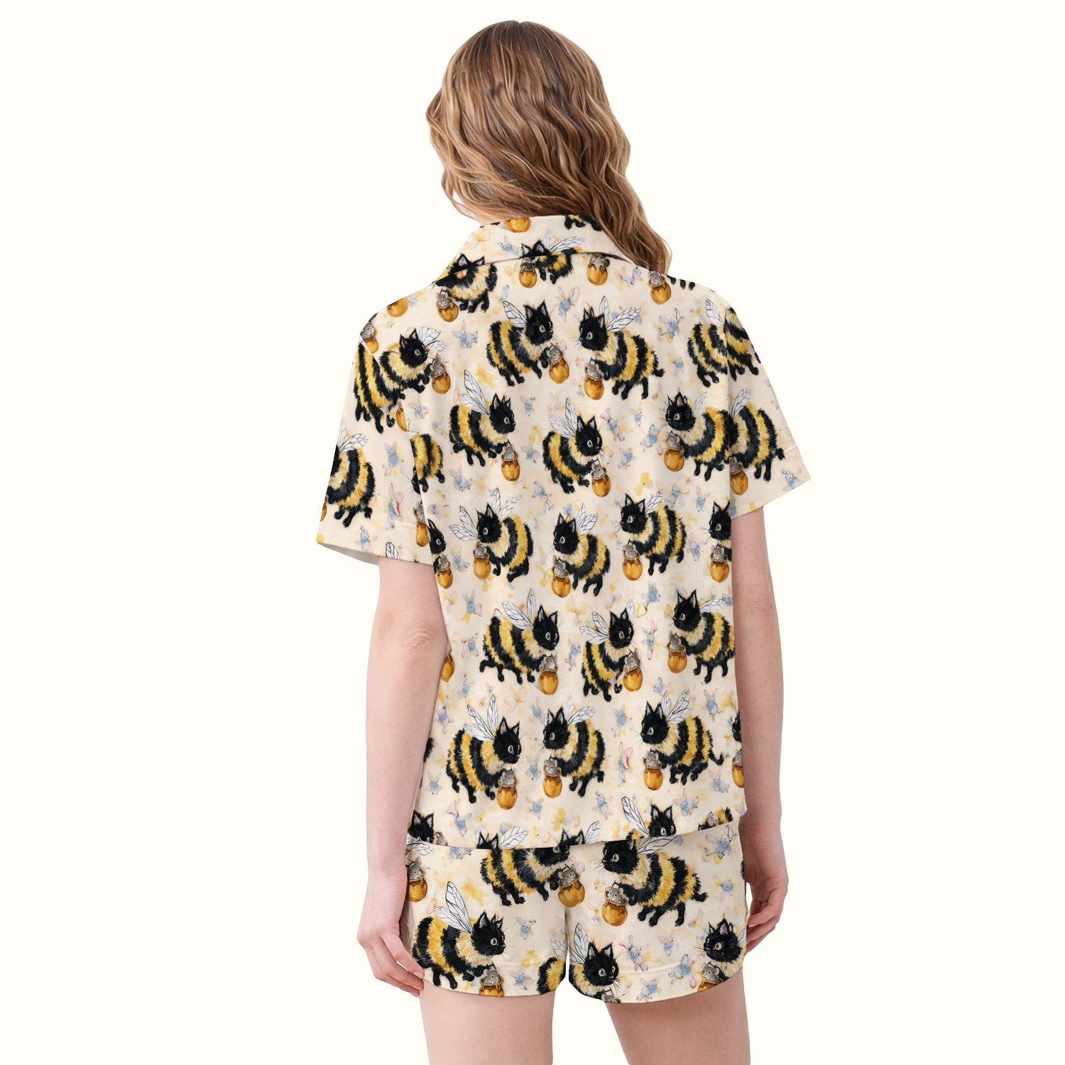 Adorable Nurse Bumblebee Cat Honey Jar Winged Pattern Pajama Set, Soft Breathable Fabric Comfortable Sleepwear