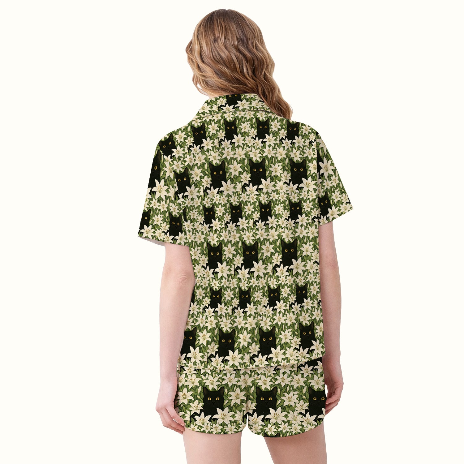 Black Cat Hidden In Lily Garden Pattern Pajama Set,  Breathable Fabrics Uniform