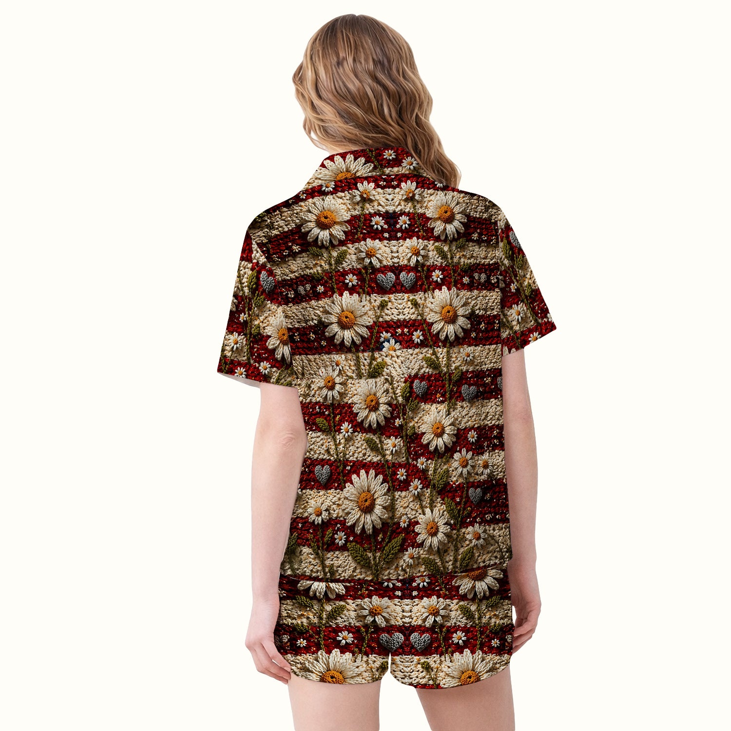 American Flag Daisy Floral Knit Texture Pattern Pajama Set, Breathable Fabrics Uniform