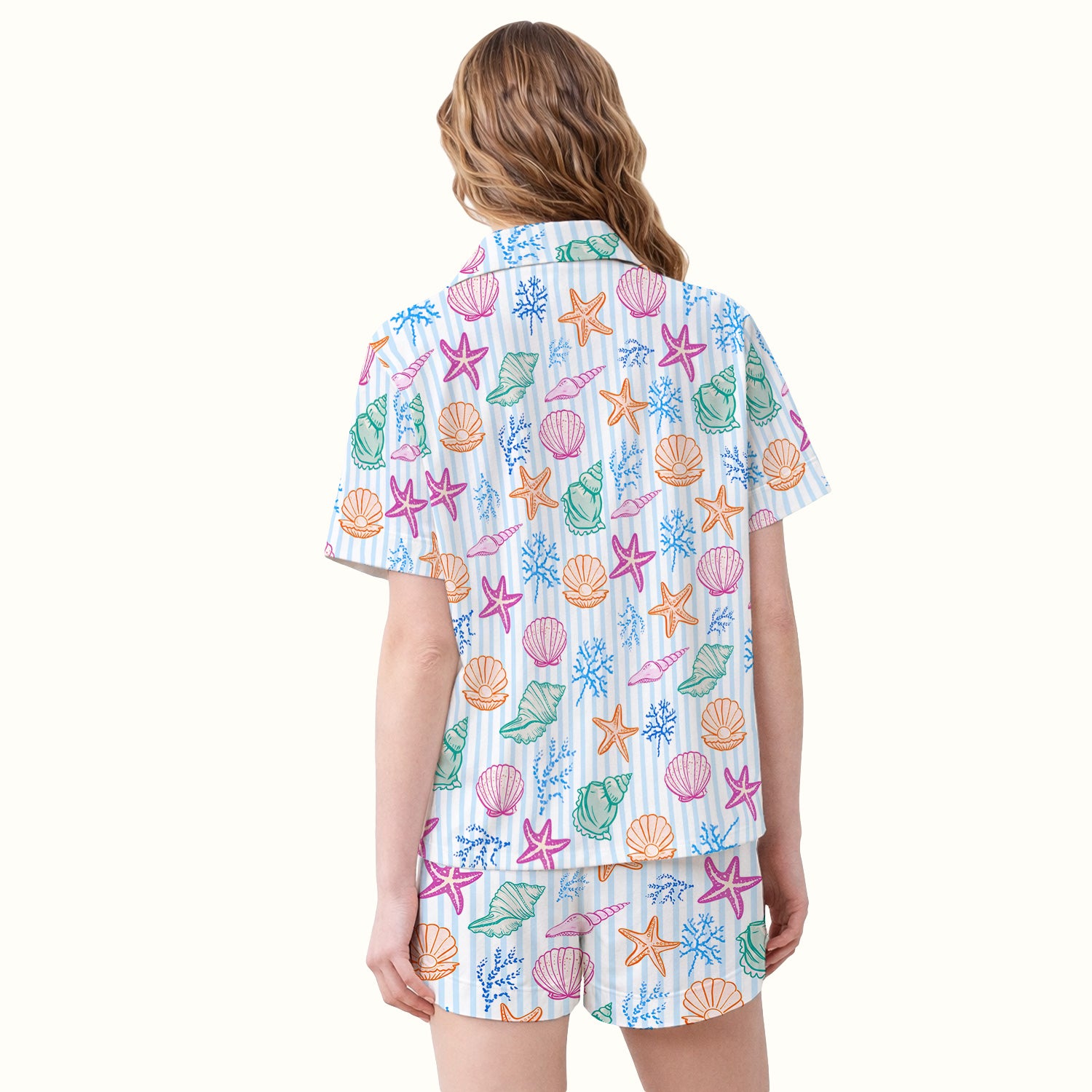 Colorful Seashell Starfish Ocean Stripe Pattern Pajama Set, Breathable Fabrics Uniform