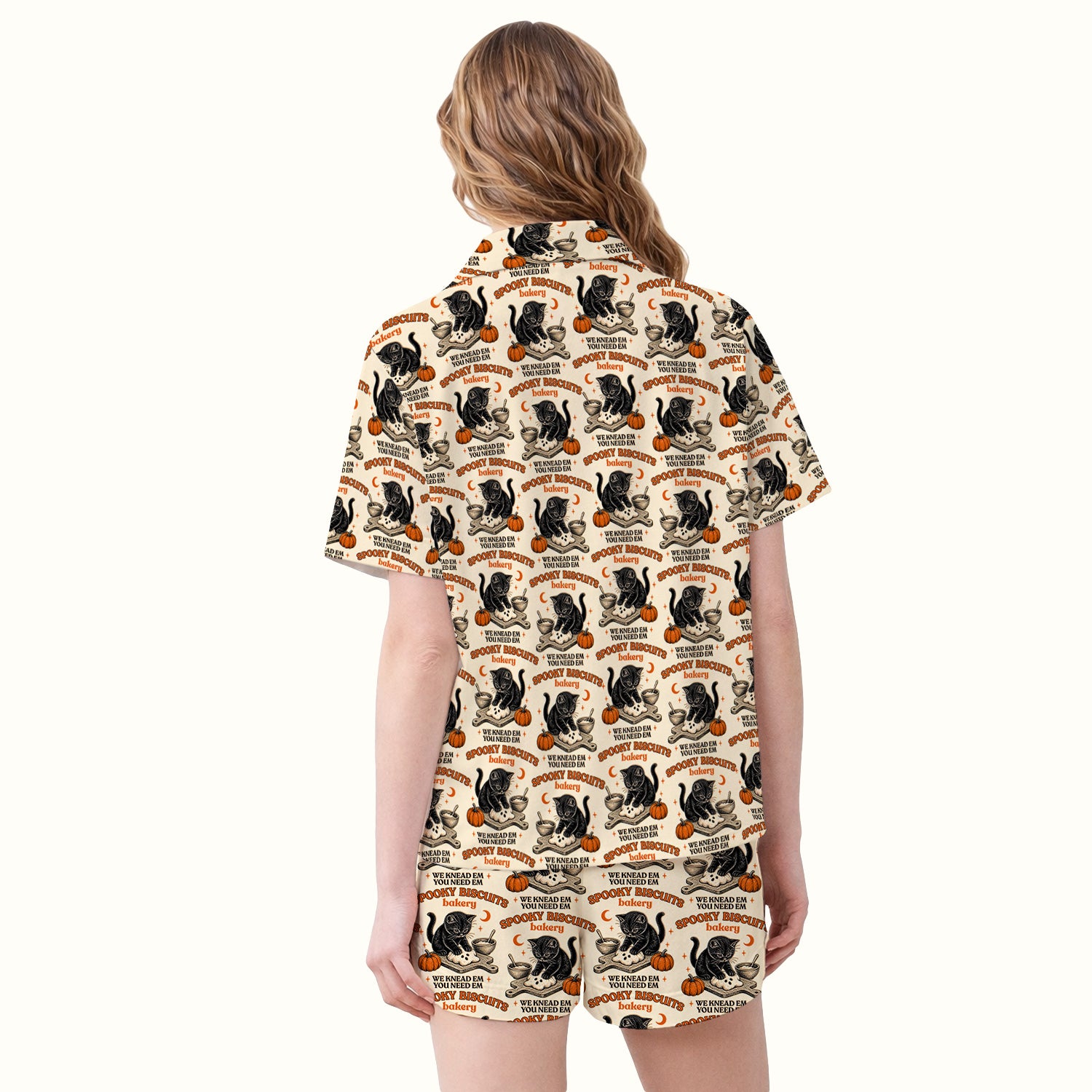 Funny Halloween Black Cat Pajama Set, Soft Breathable Fabric Comfortable Sleepwear