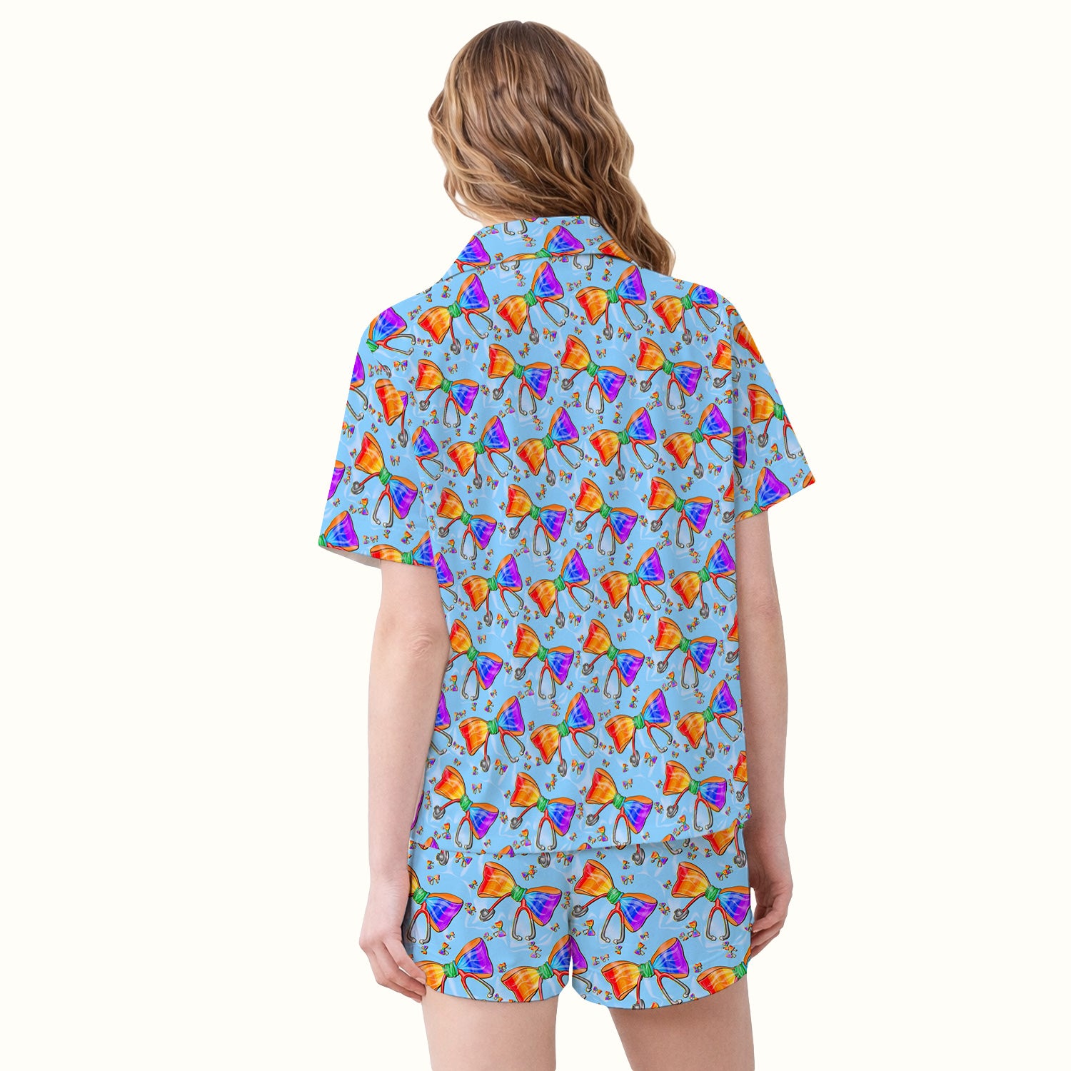 Colorful Rainbow Bow Stethoscope Pattern Pajama Set, Breathable Fabrics Uniform