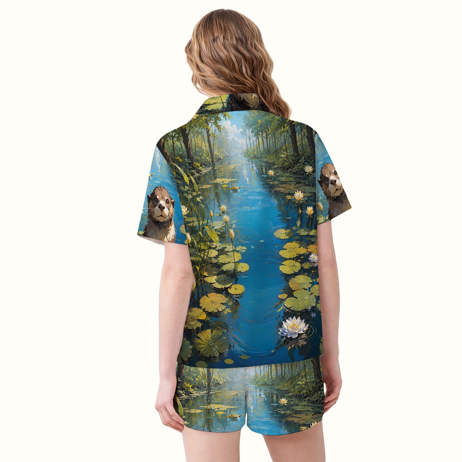 Cute Otter Pond Pattern Pajama Set, Soft Breathable Fabric Comfortable Sleepwear