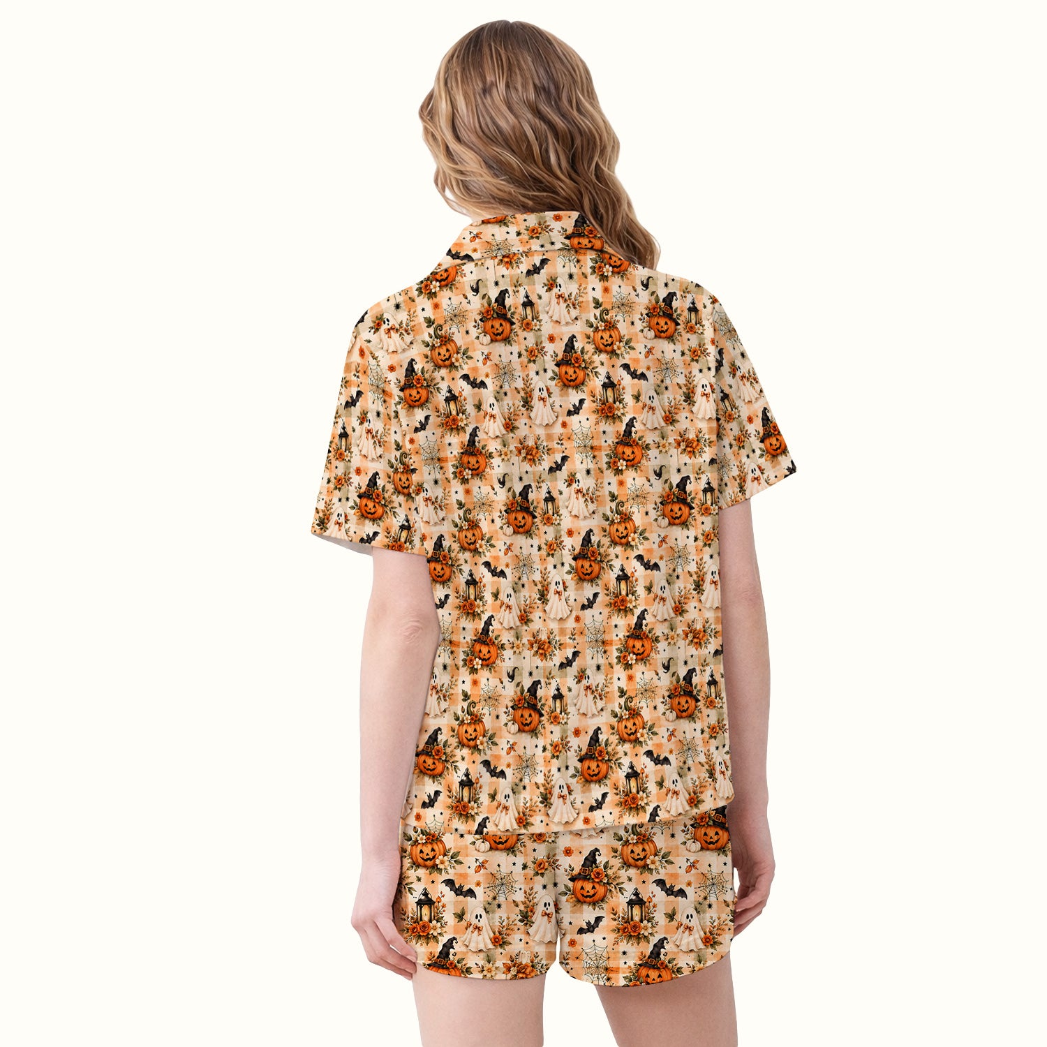 Vintage Halloween Pumpkin And Ghost Pajama Set, Soft Breathable Fabric Comfortable Sleepwear