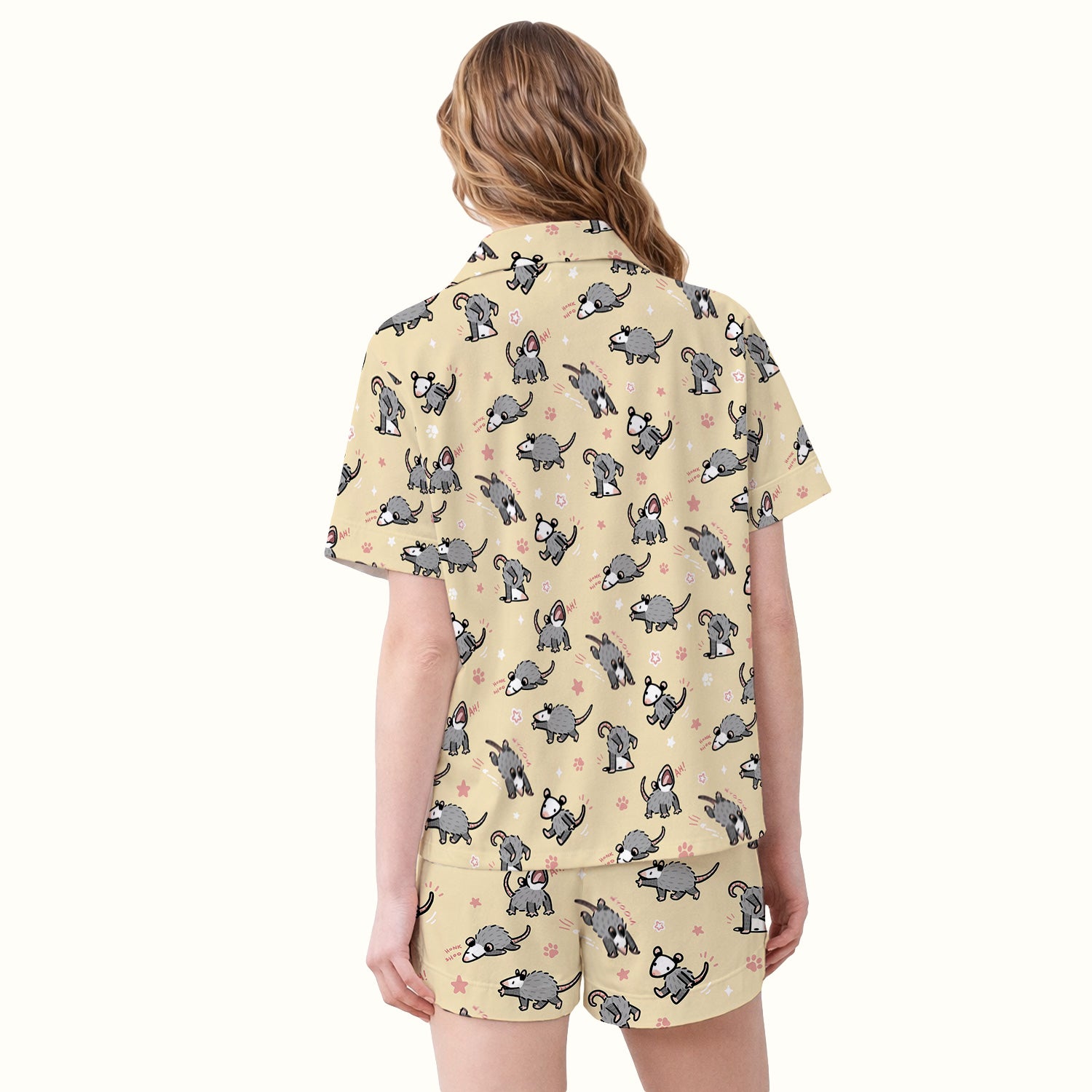 Playful Cartoon Opossum Character Pattern Pajama Set, Breathable Fabrics Uniform