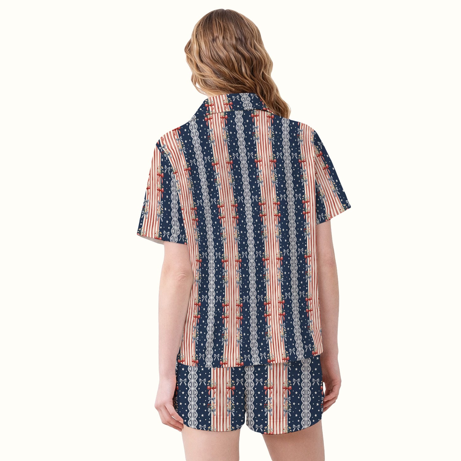 Patriotic Bow Lace Stripe Pattern Pajama Set, Soft Breathable Fabric Comfortable Sleepwear