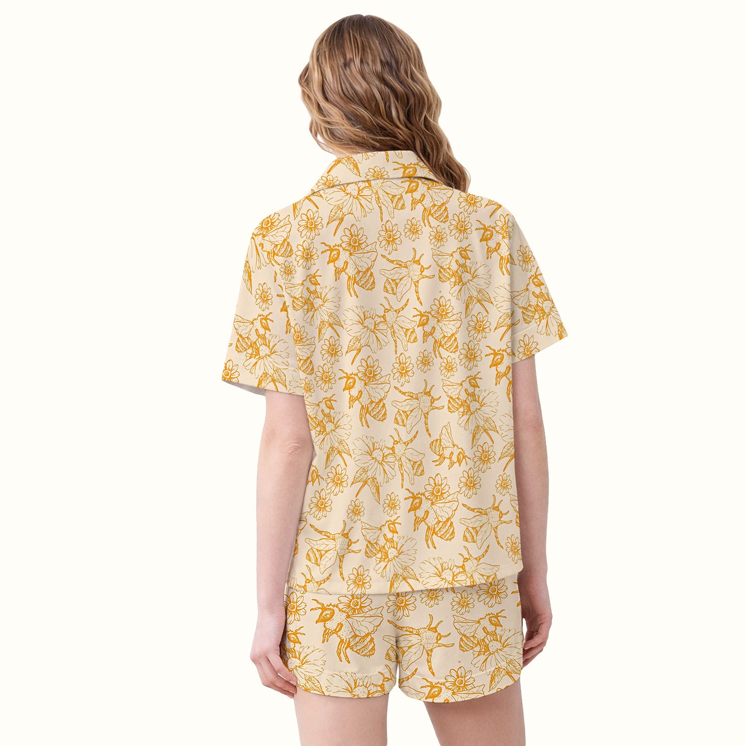 Cute Honey Bee Flower Sketch Pattern Pajama Set, Soft Breathable Fabric Comfortable Sleepwear