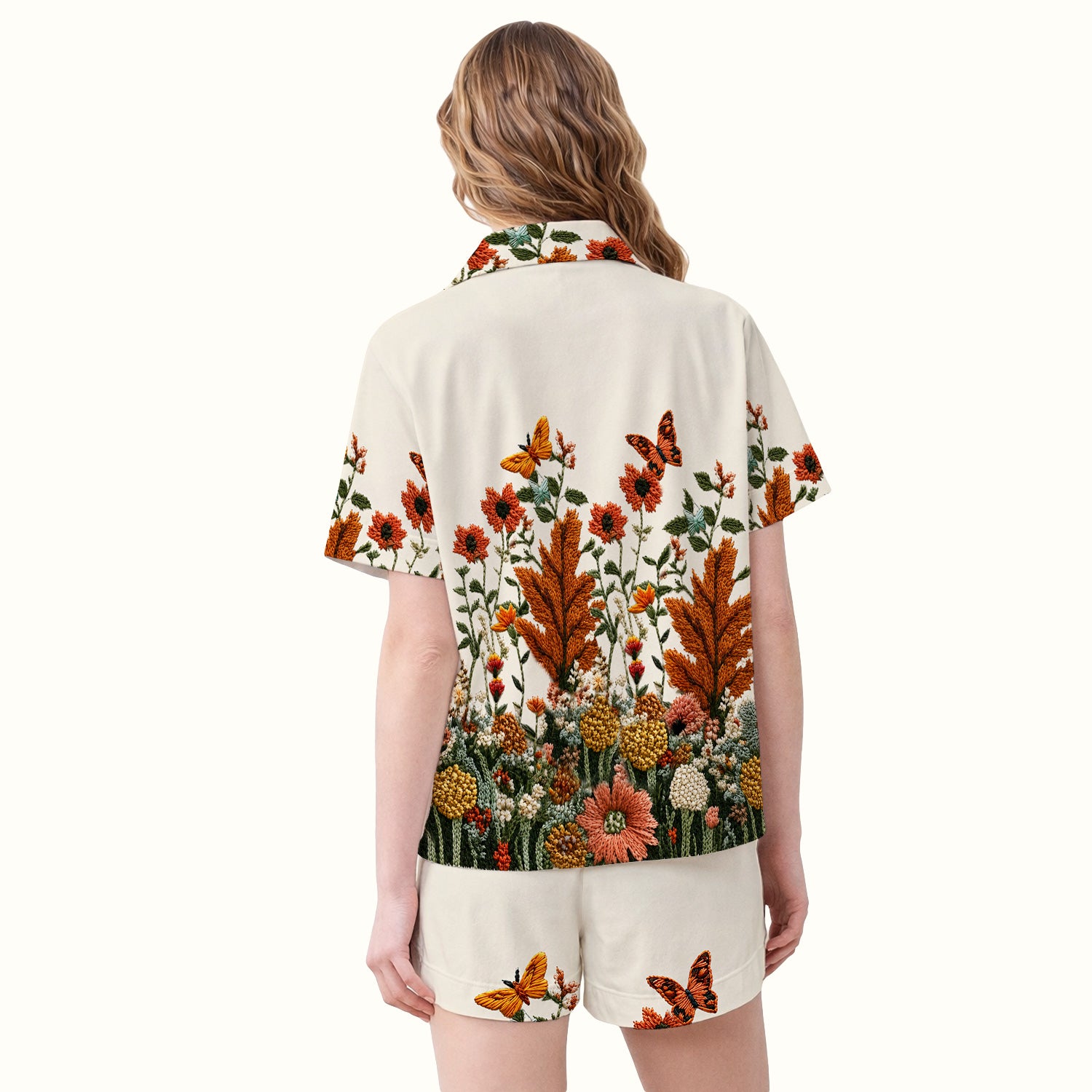 Embroidered Orange Cat Wildflower Pattern Pajama Set, Soft Breathable Fabric Comfortable Sleepwear