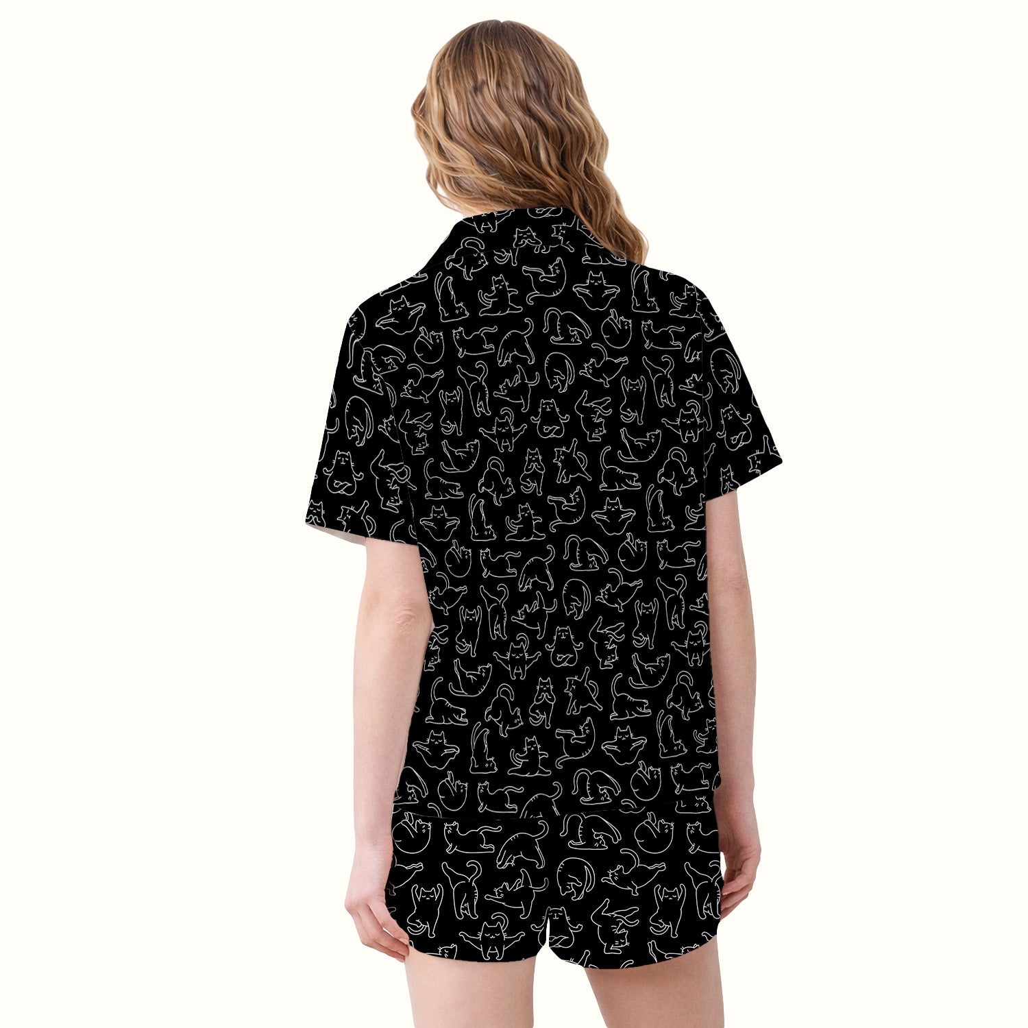 Cute Cat Outline Playing Pattern Pajama Set, Soft Breathable Fabric Comfortable Sleepwear