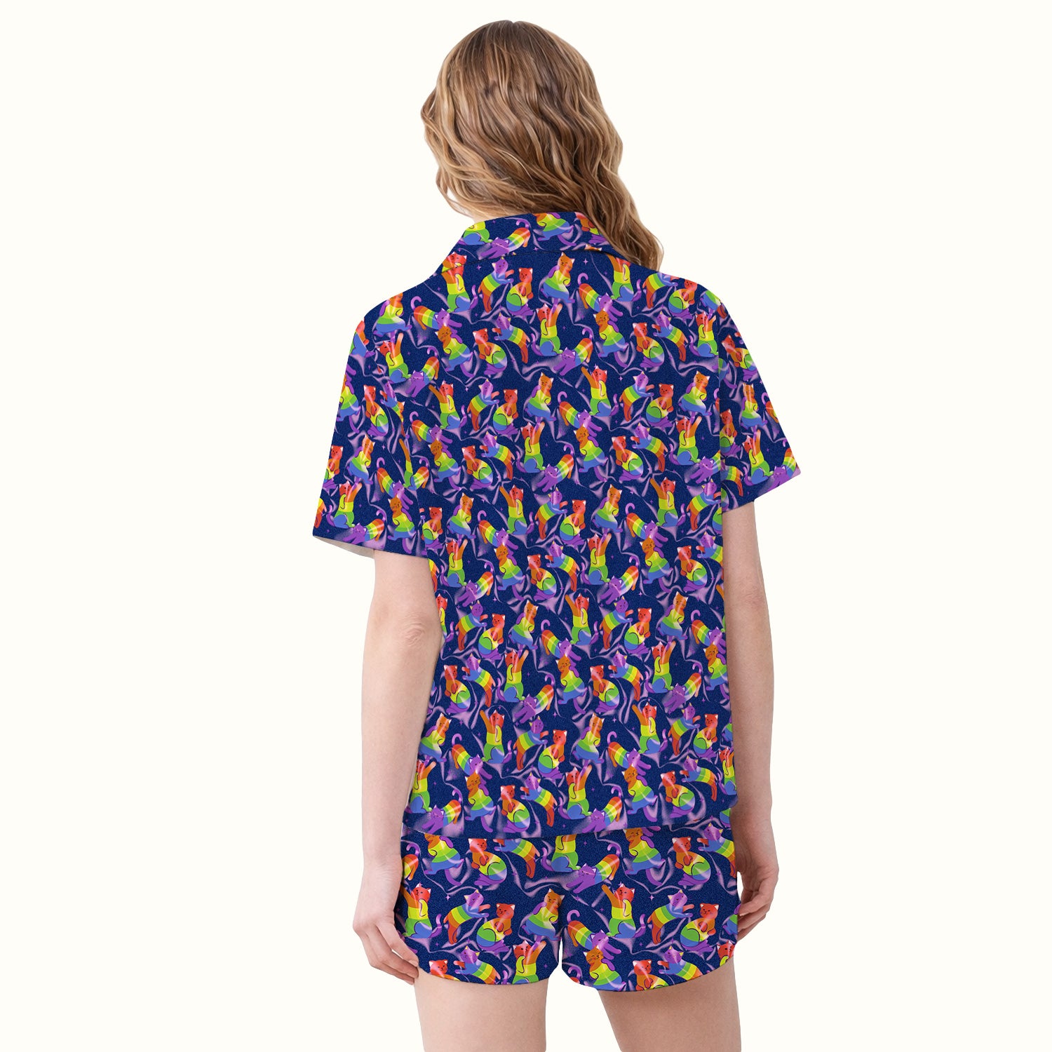 Rainbow Pride Cat Pattern Pajama Set, Breathable Fabrics Uniform