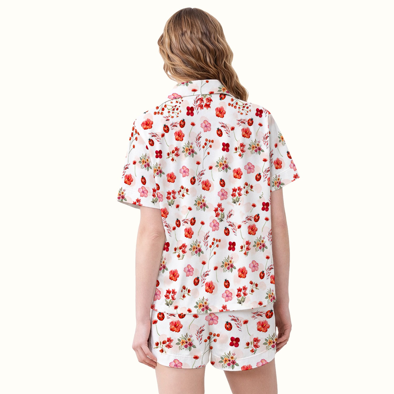 Red Ladybug Floral Garden Pattern Pajama Set, Breathable Fabrics Uniform