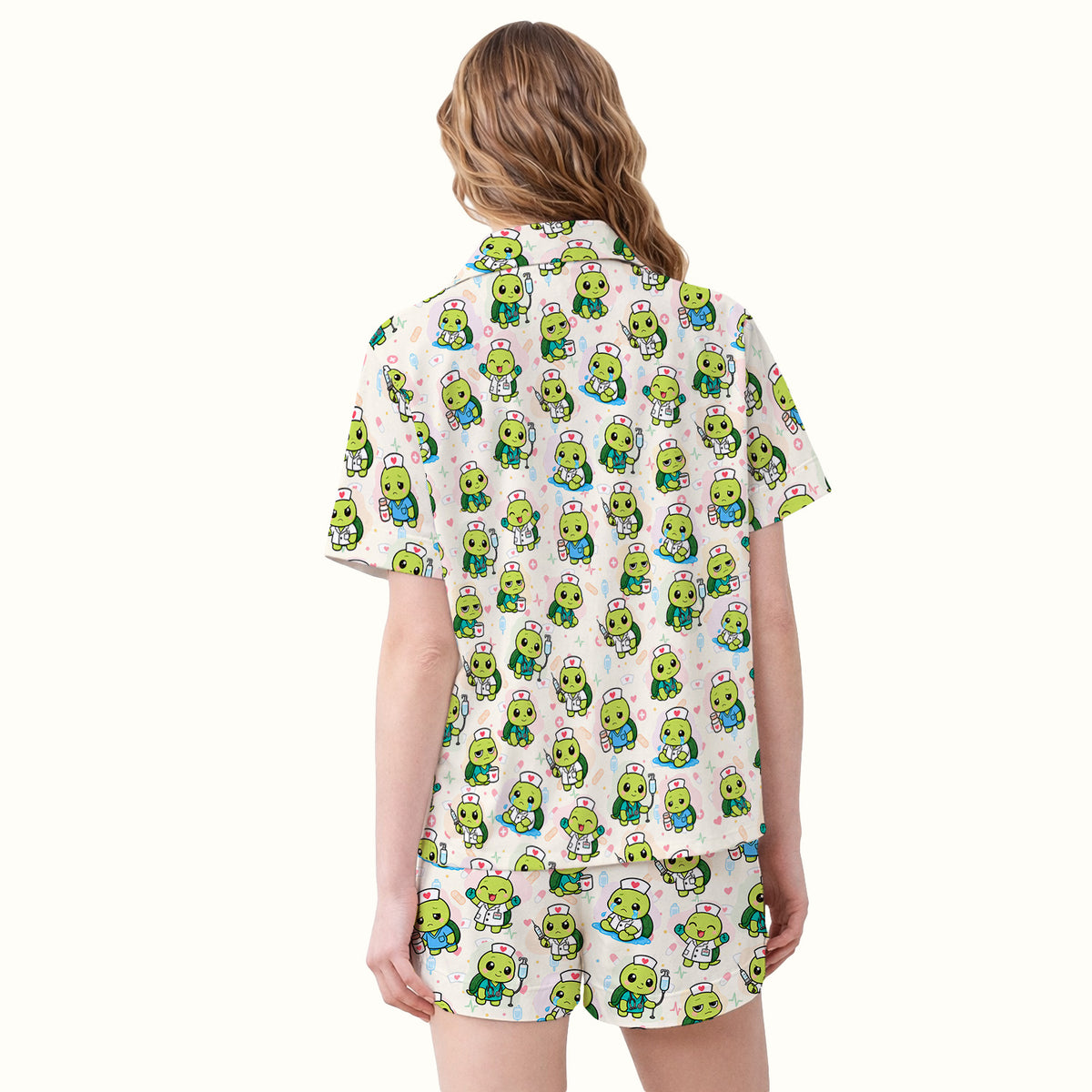 Cute Nurse Turtle Medical Icons Pajama Set, Soft Breathable Fabric Comfortable Sleepwear