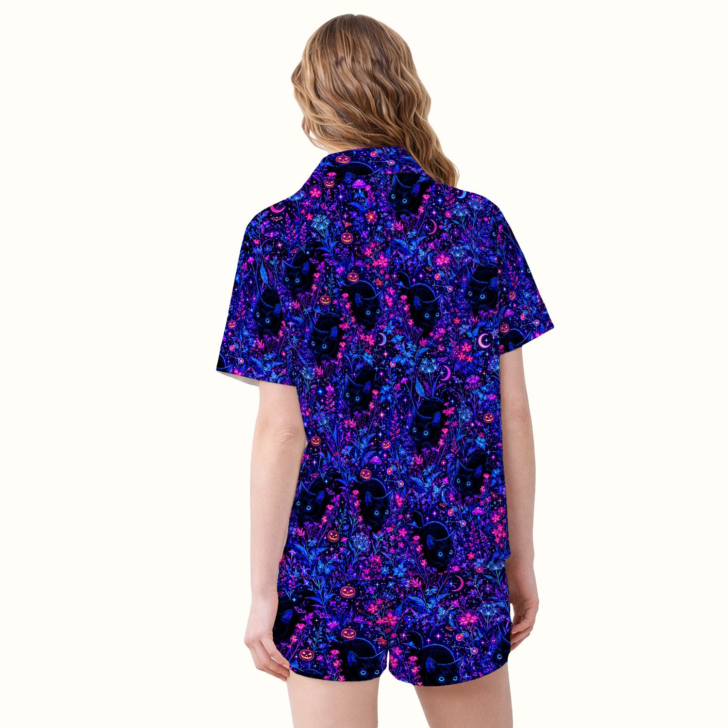 Spooky Black Cat Garden Pattern Pajama Set, Soft Breathable Fabric Comfortable Sleepwear