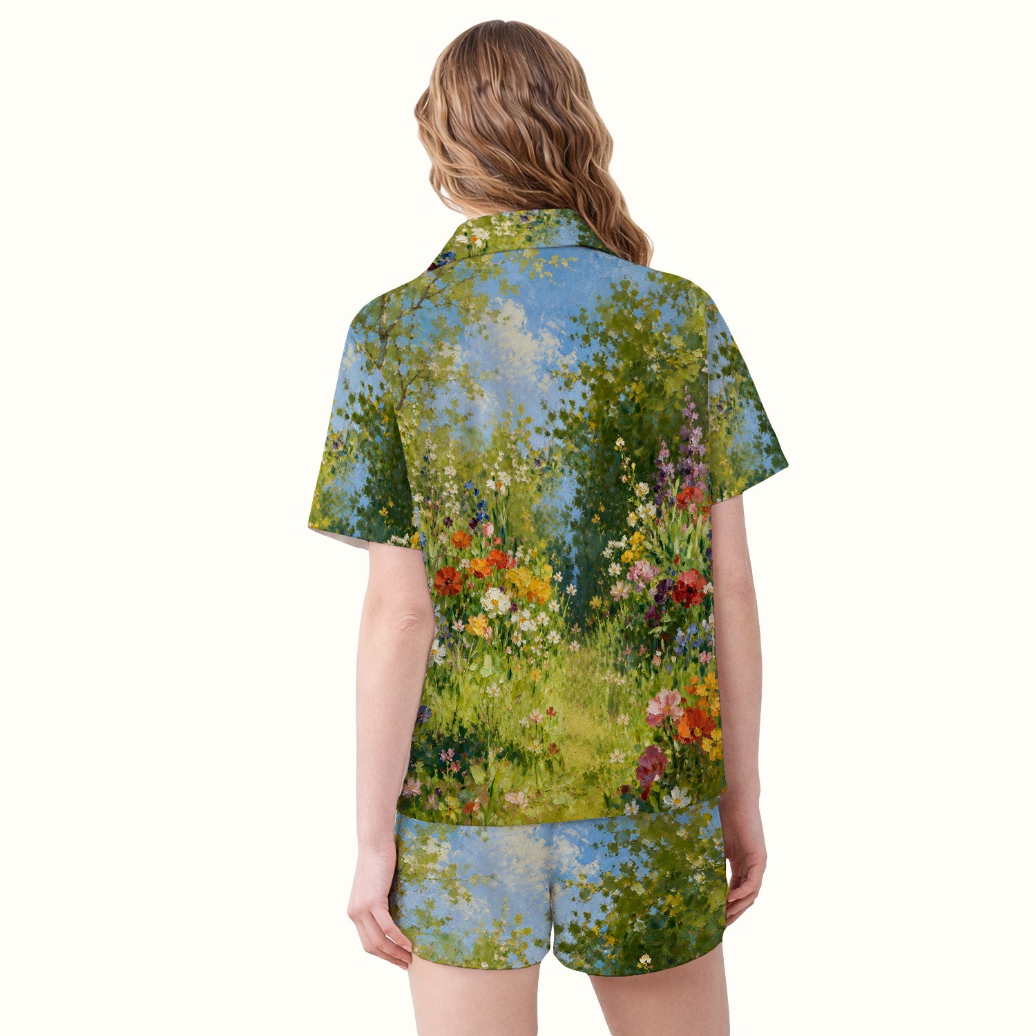 Whimsical Garden Cat Blossom Pattern Pajama Set, Soft Breathable Fabric Comfortable Sleepwear