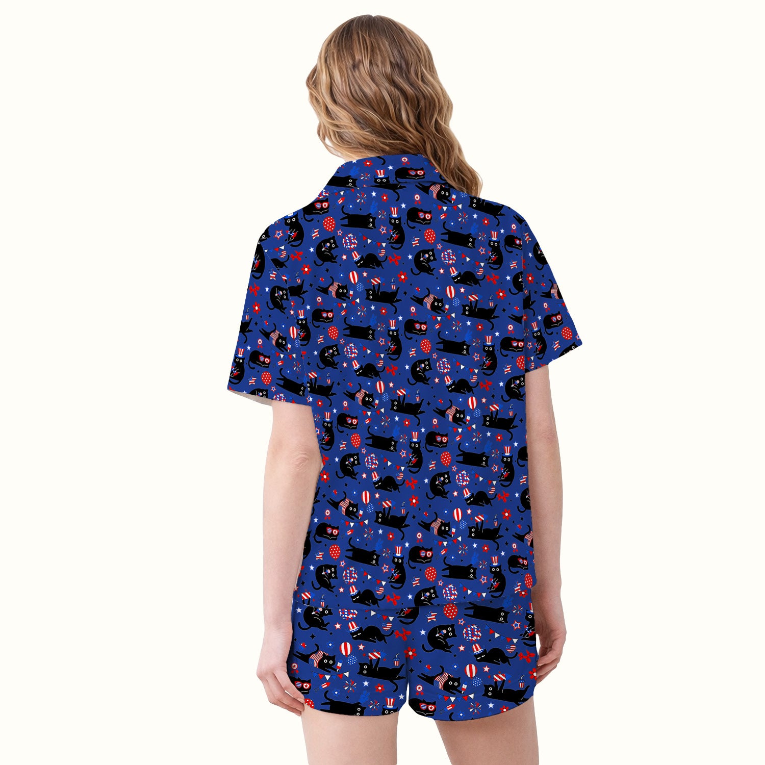 Patriotic Black Cat Pattern Pajama Set, Soft Breathable Fabric Comfortable Sleepwear