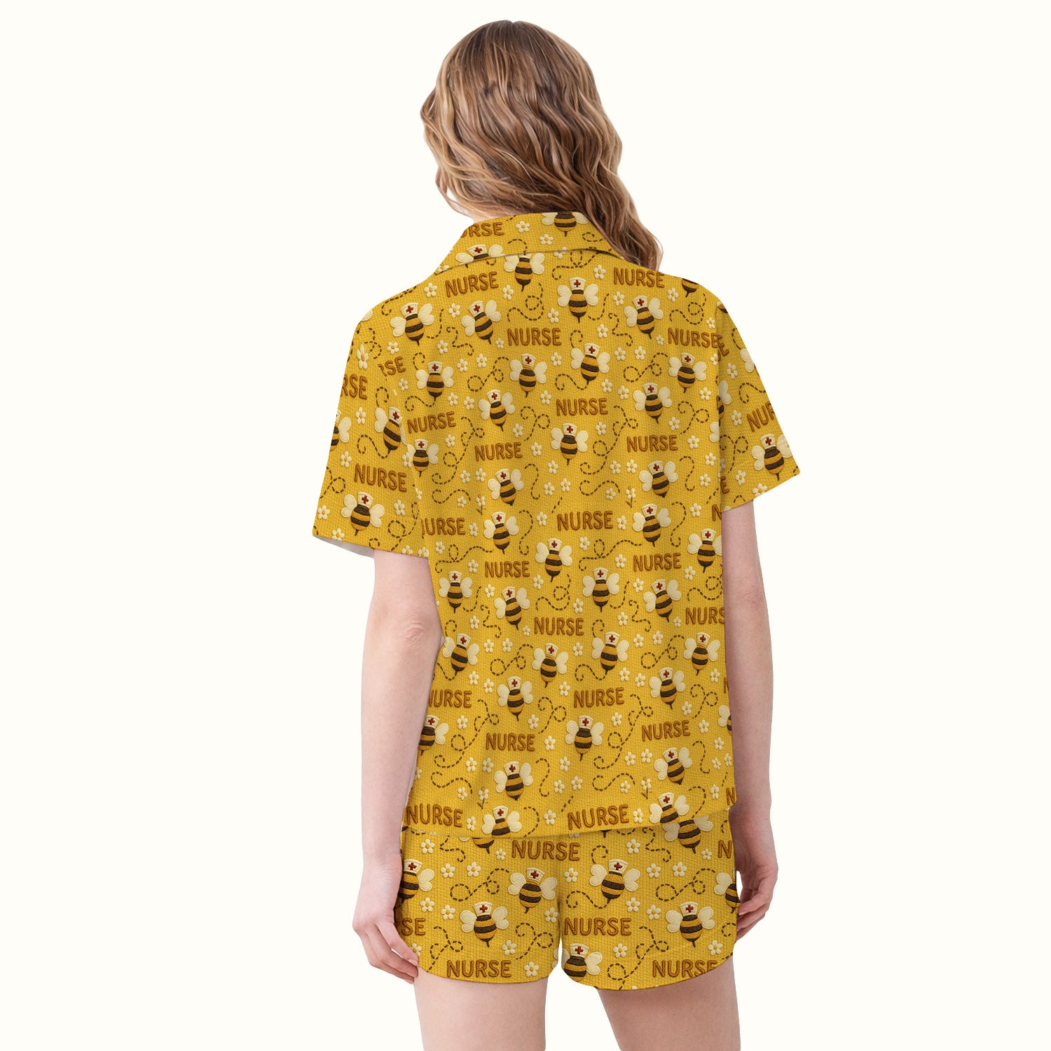 Honey Bee Nurse Scrub Top – Cute Bumblebee Medical Pattern Pajama Set, Soft Breathable Fabric Comfortable Sleepwear