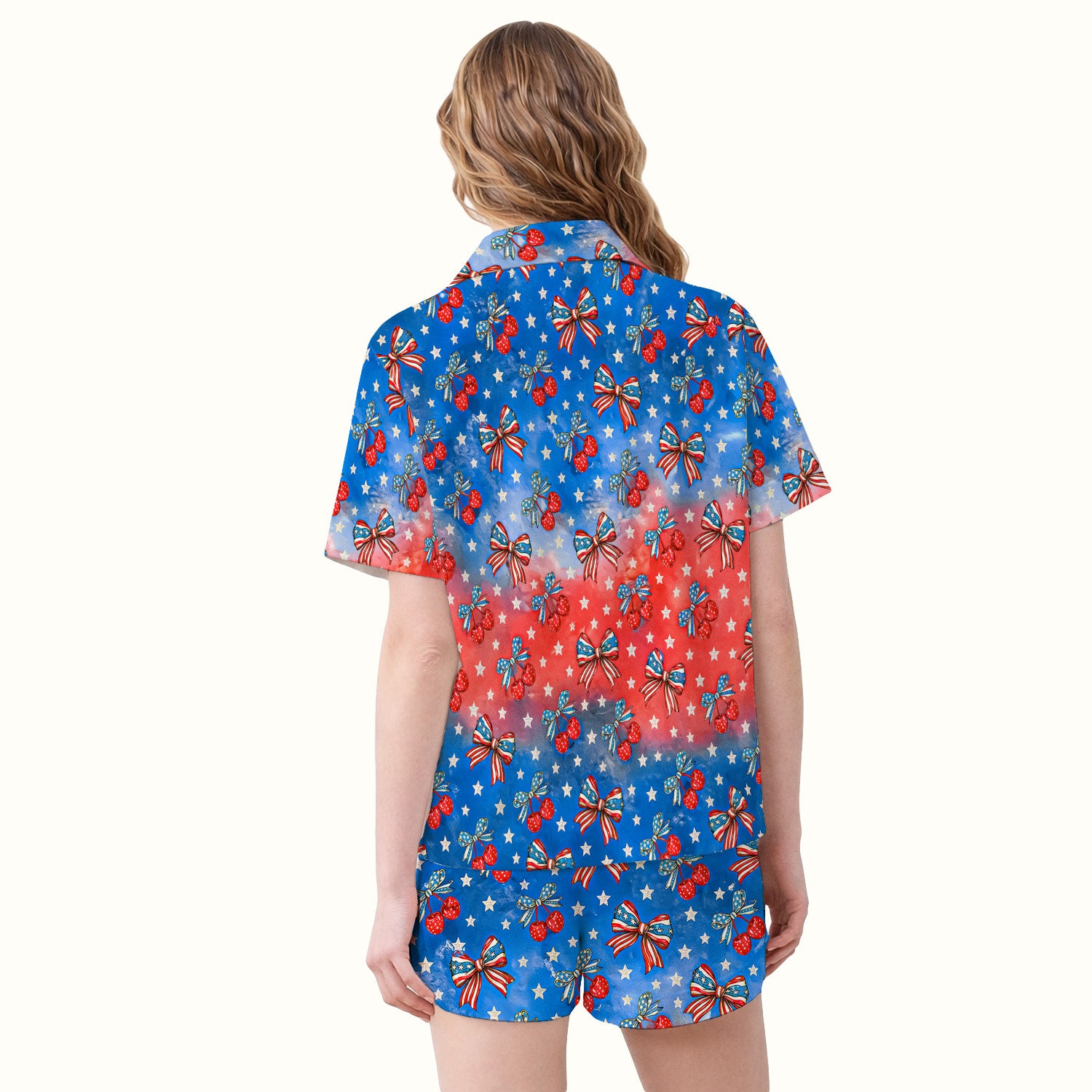 Festive Patriotic Star Bow Cherry Pattern Pajama Set, Soft Breathable Fabric Comfortable Sleepwear