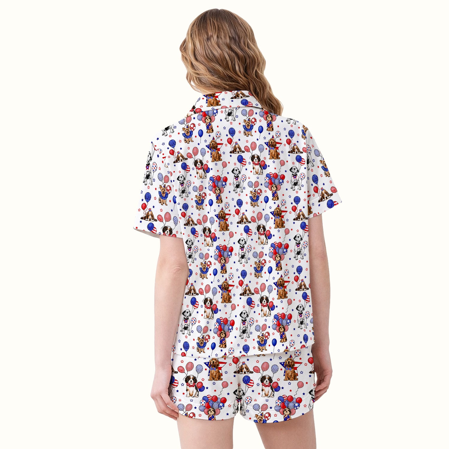 Patriotic Dogs With USA Flag Balloons Pattern Pajama Set, Soft Breathable Fabric Comfortable Sleepwear