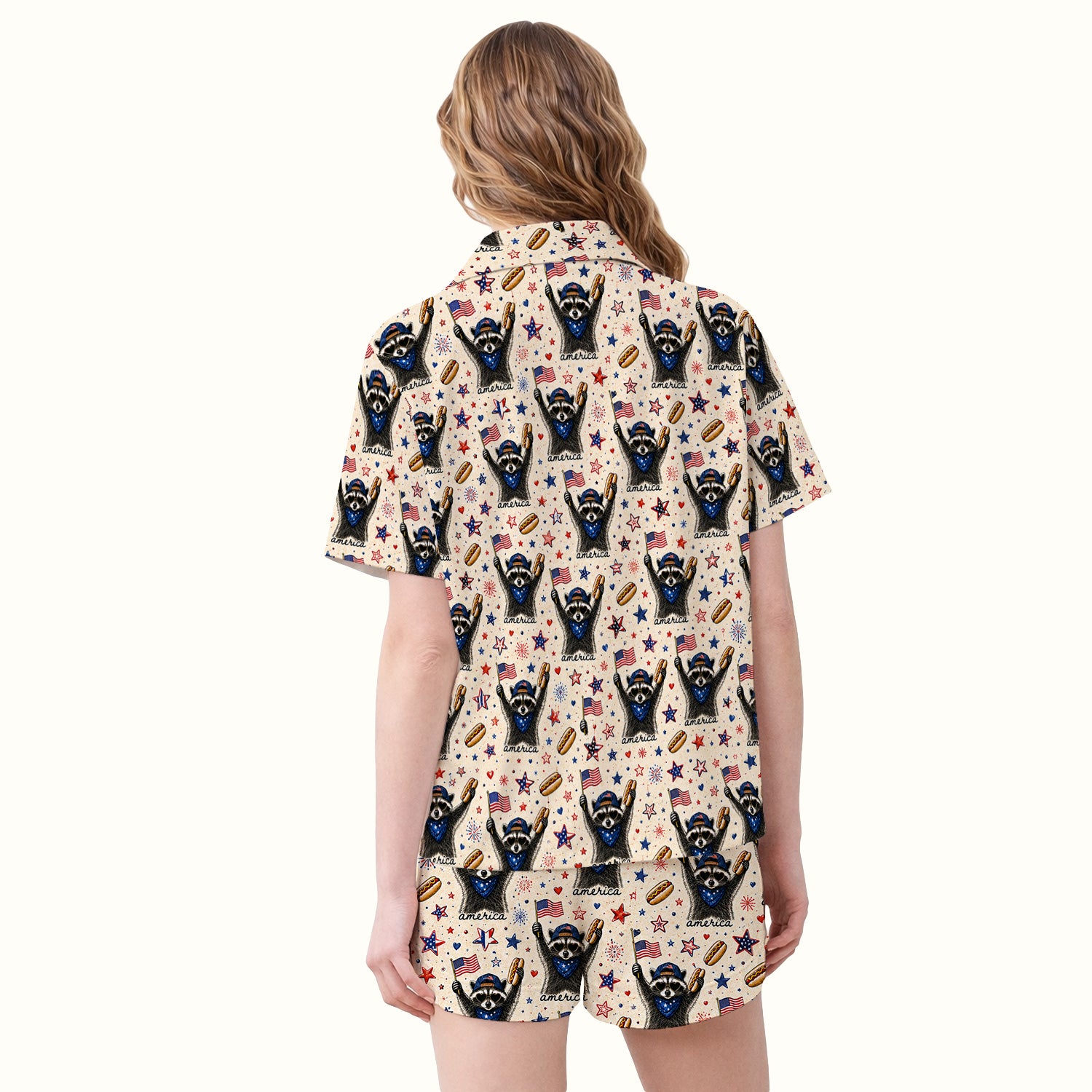 Patriotic Raccoon America Hotdog Pattern Pajama Set, Soft Breathable Fabric Comfortable Sleepwear