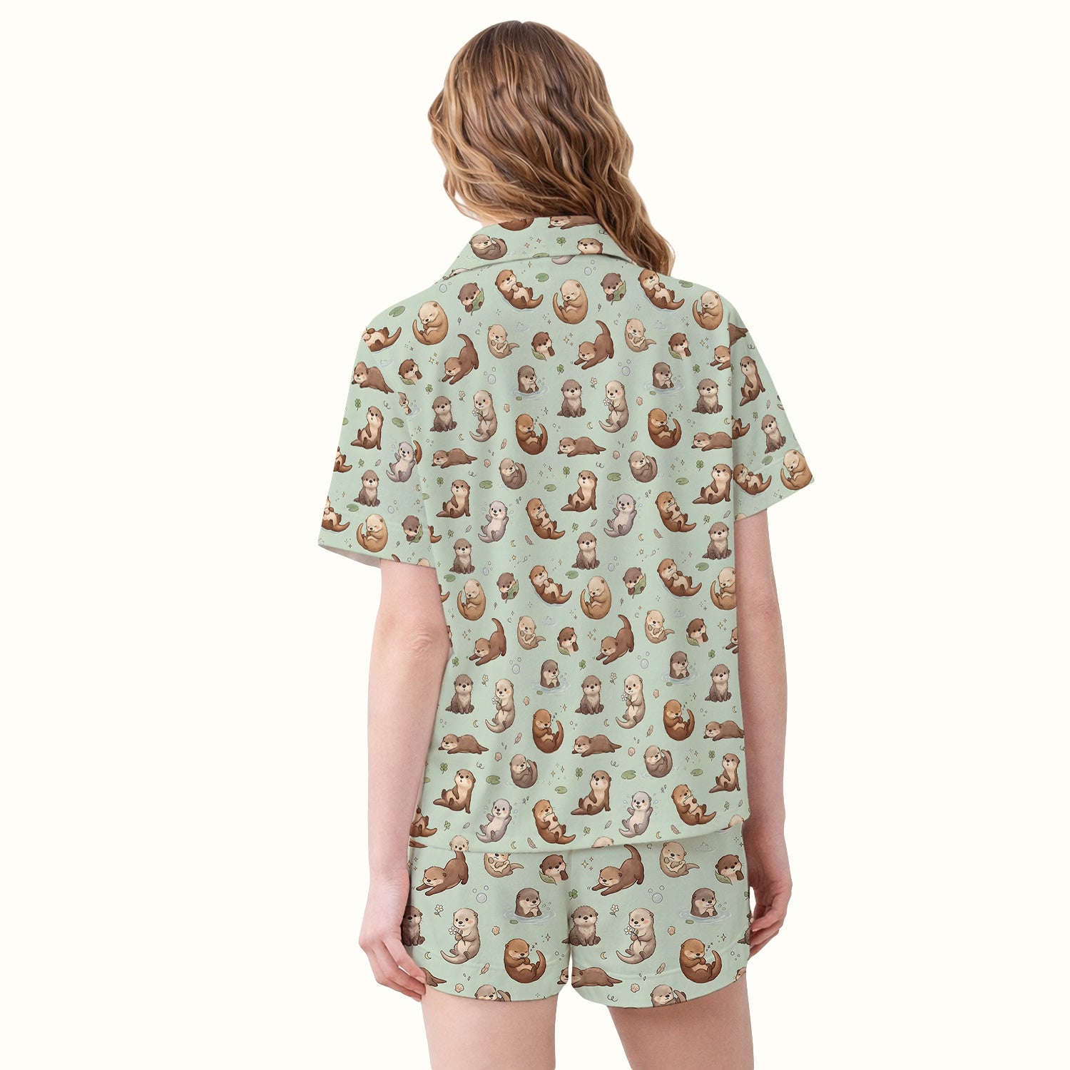 Cute Otter Pattern Pajama Set, Soft Breathable Fabric Comfortable Sleepwear