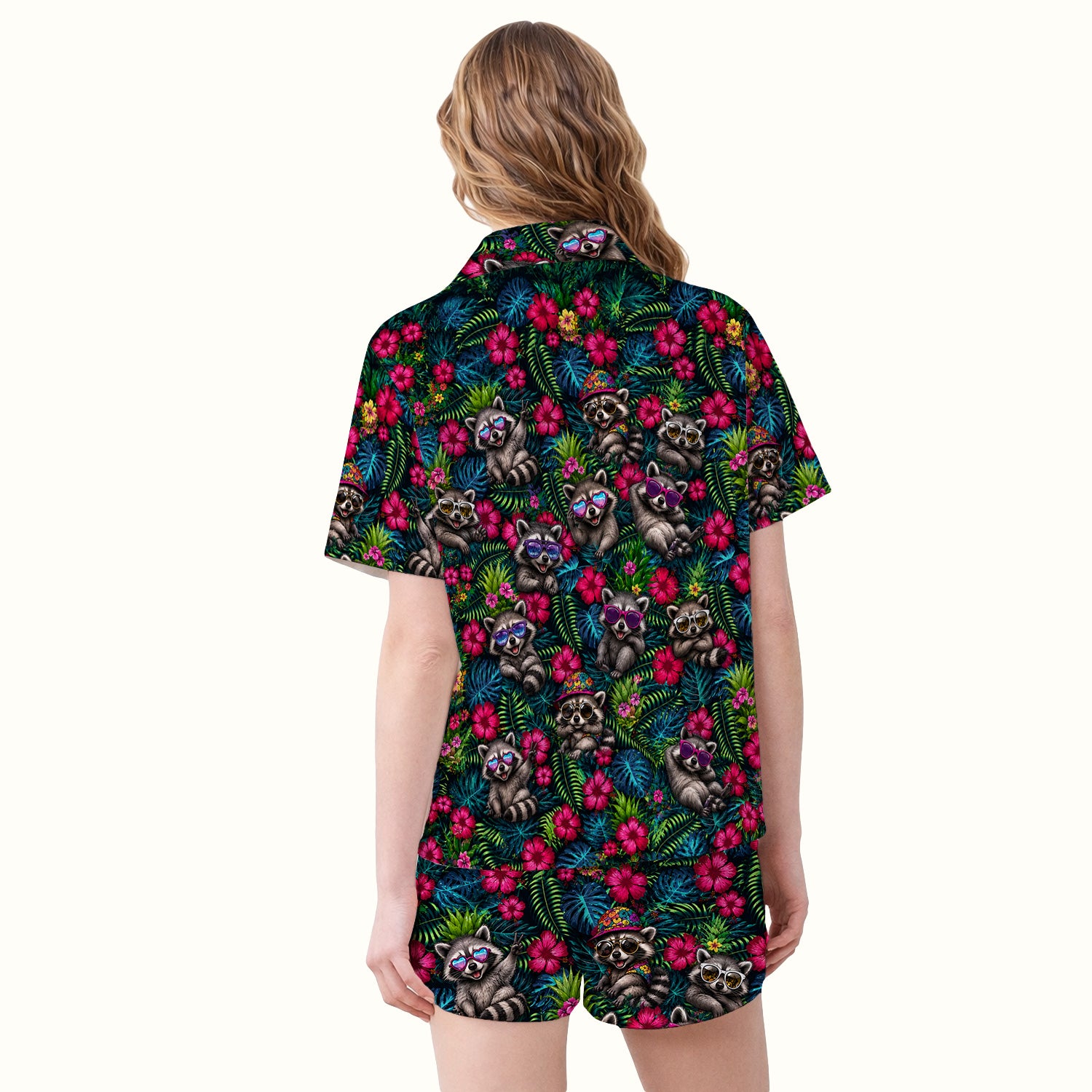Tropical Raccoon Nurse Floral Pattern Pajama Set, Soft Breathable Fabric Comfortable Sleepwear
