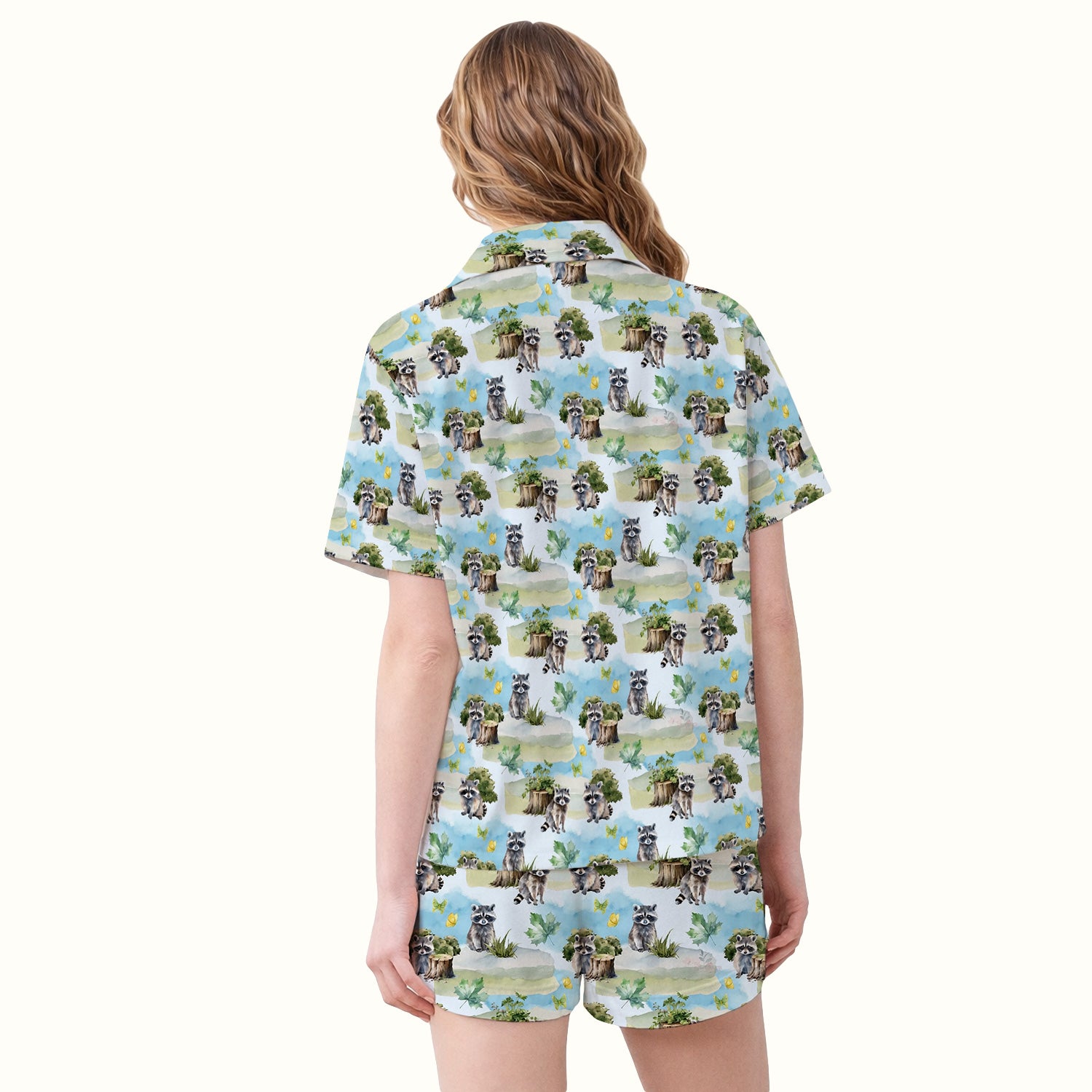 Cute Raccoon Woodland Print Pajama Set, Soft Breathable Fabric Comfortable Sleepwear
