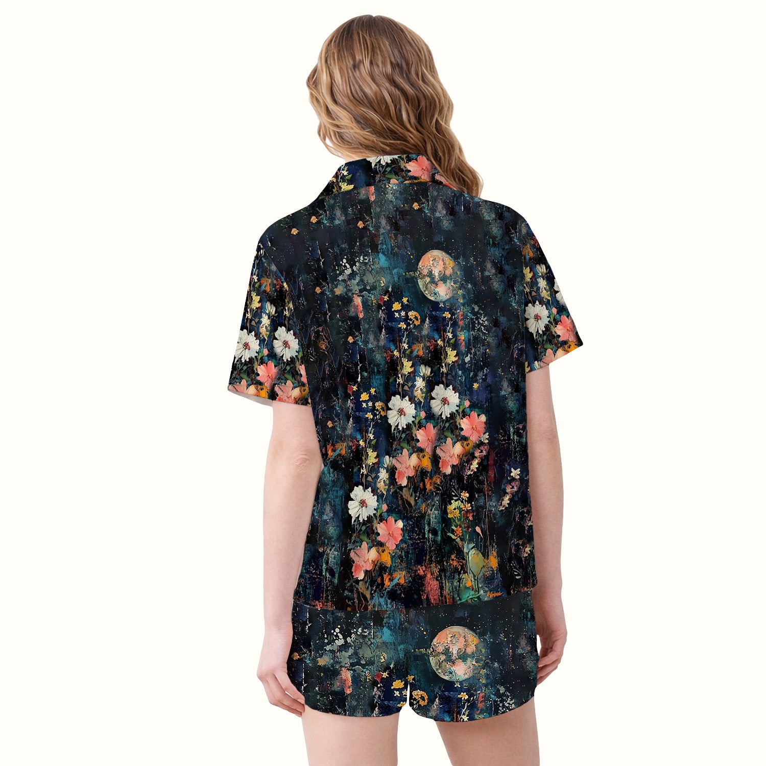 Moonlit Barn Owl Floral Pattern Pajama Set, Soft Breathable Fabric Comfortable Sleepwear