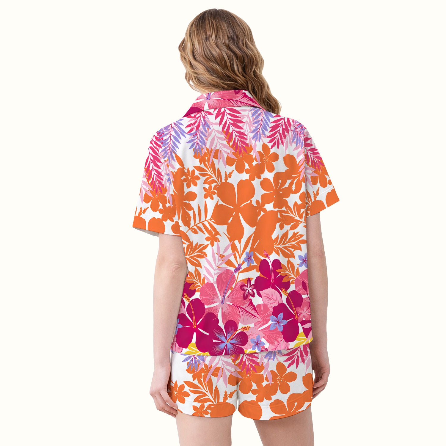 Cheerful Tropical Hibiscus Bloom Pattern Pajama Set, Soft Breathable Fabric Comfortable Sleepwear