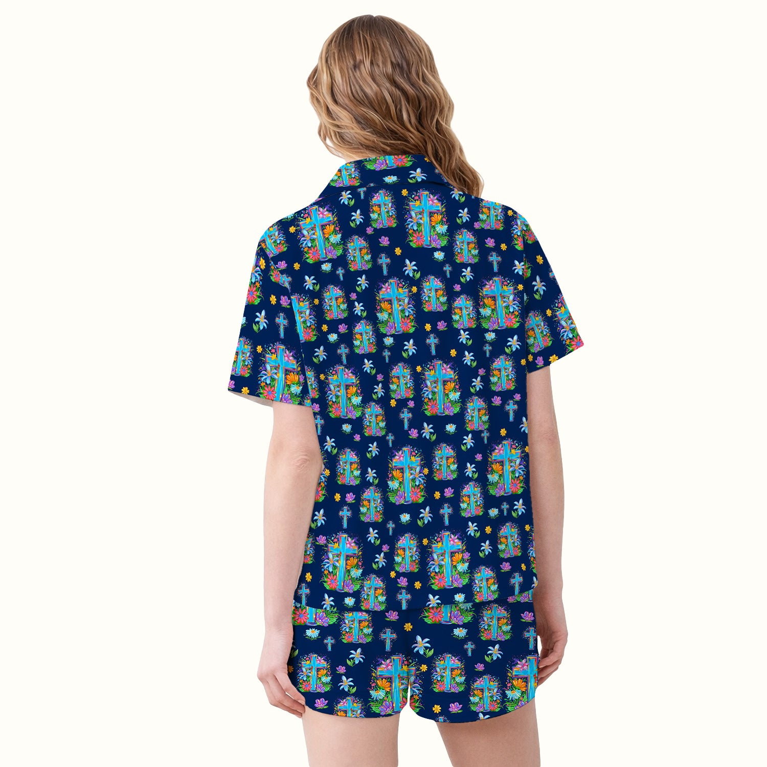 Christian Floral Cross Spring Pattern Pajama Set, Breathable Fabrics Uniform