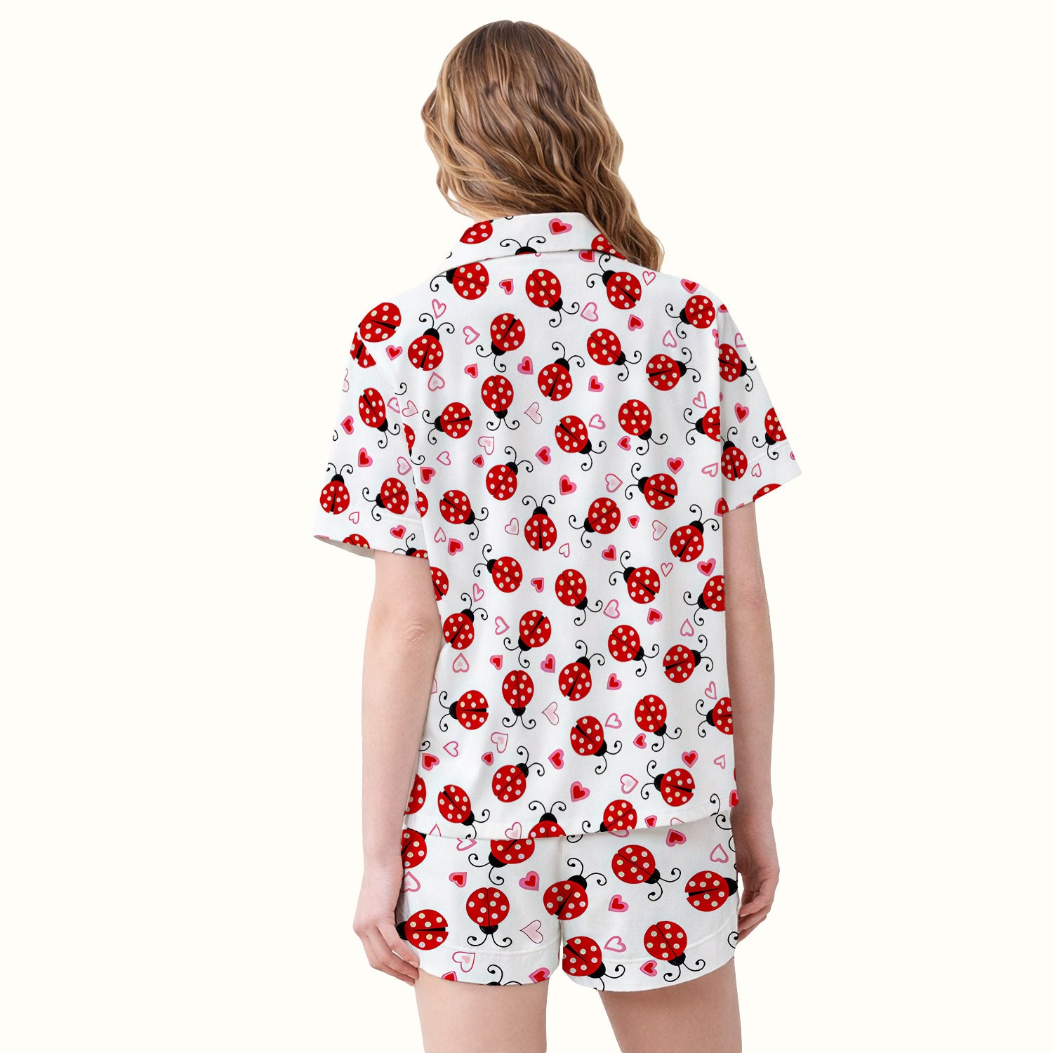 Cute Ladybug Heart Love Pattern Pajama Set, Soft Breathable Fabric Comfortable Sleepwear